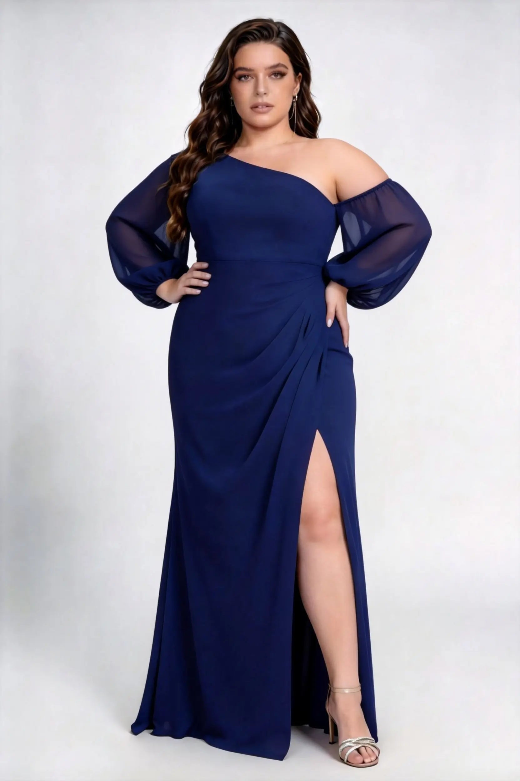 Plus Size One Shoulder Sheer Bishop Puff Sleeve Side Ruched Chiffon High Slit Sweep Train Bridesmaid Maxi Dress