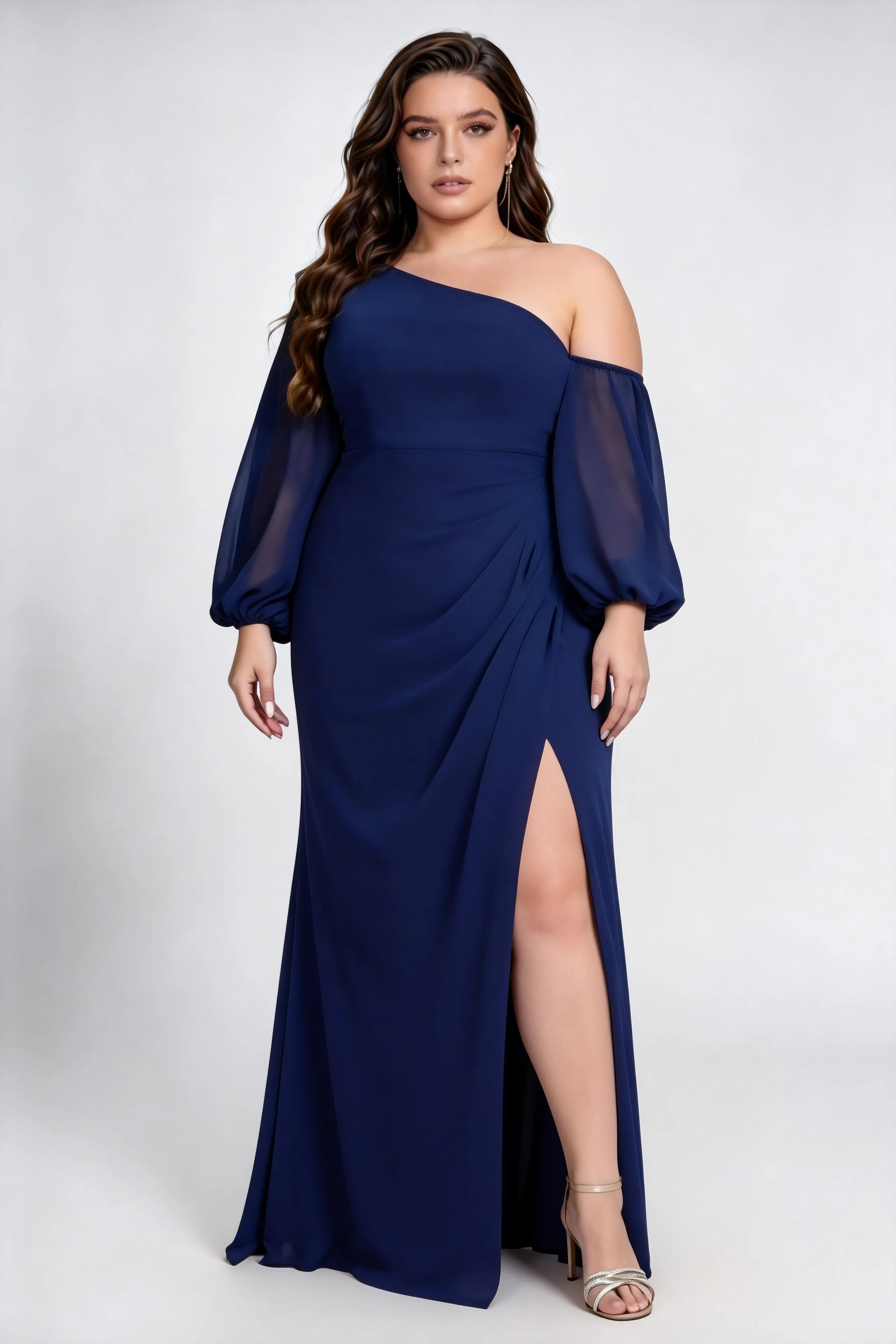 Plus Size One Shoulder Sheer Bishop Puff Sleeve Side Ruched Chiffon High Slit Sweep Train Bridesmaid Maxi Dress