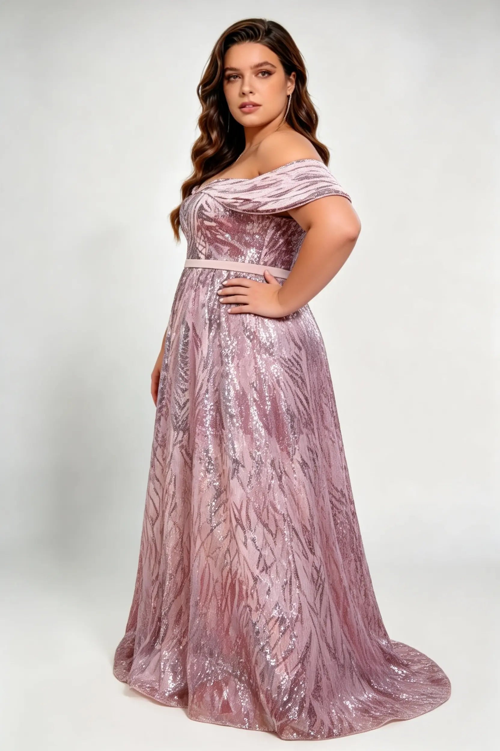 Plus Size Off Shoulder Leaf Pattern Sequin High Waist A-line Sweep Train Formal Evening Maxi Dress