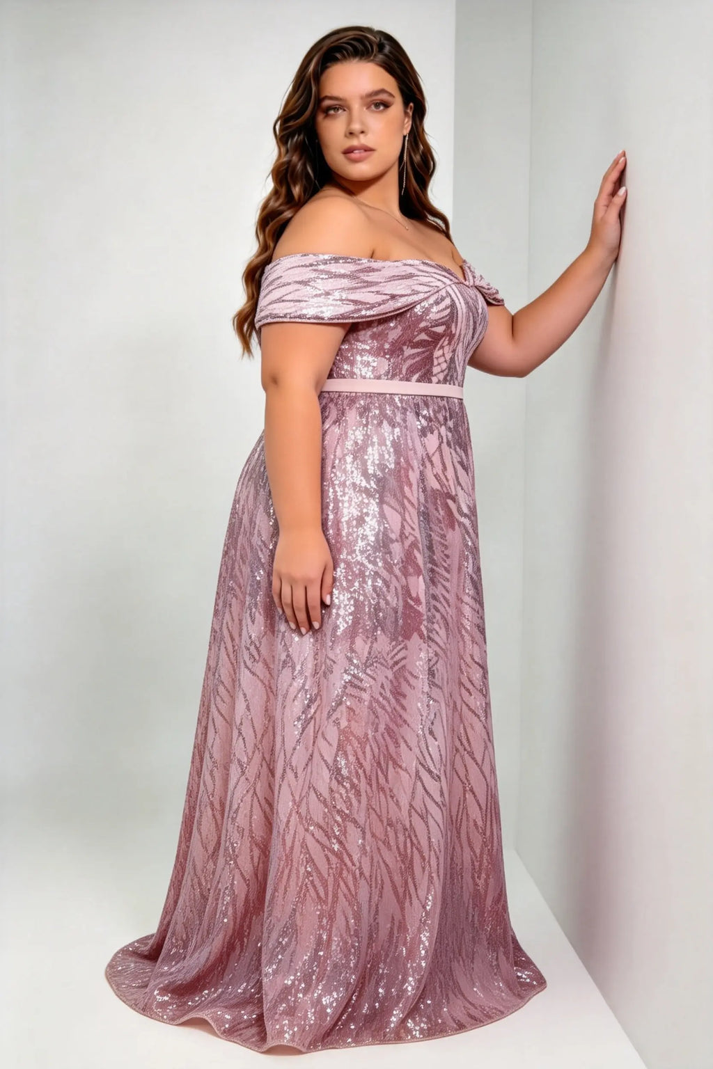 Plus Size Off Shoulder Leaf Pattern Sequin High Waist A-line Sweep Train Formal Evening Maxi Dress