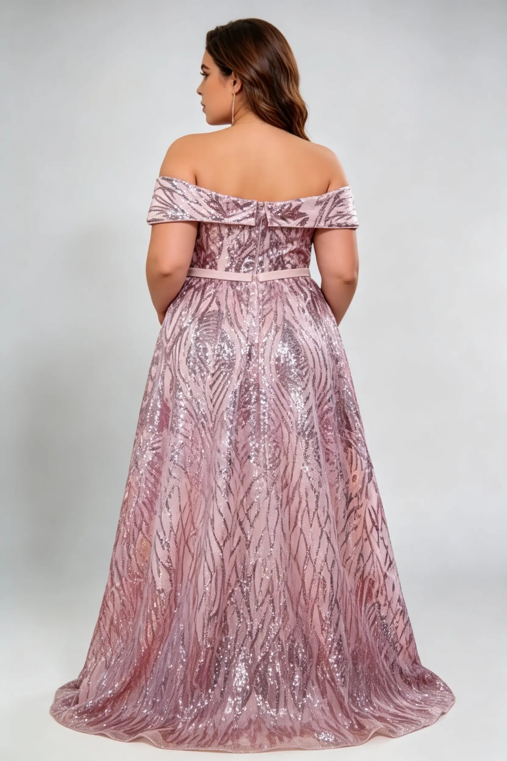 Plus Size Off Shoulder Leaf Pattern Sequin High Waist A-line Sweep Train Formal Evening Maxi Dress