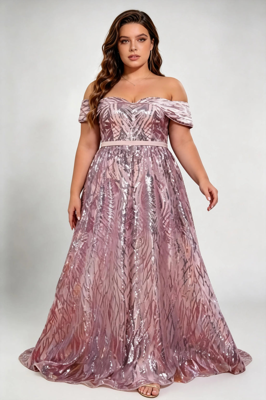Plus Size Off Shoulder Leaf Pattern Sequin High Waist A-line Sweep Train Formal Evening Maxi Dress