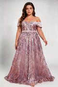 Plus Size Off Shoulder Leaf Pattern Sequin High Waist A-line Sweep Train Formal Evening Maxi Dress