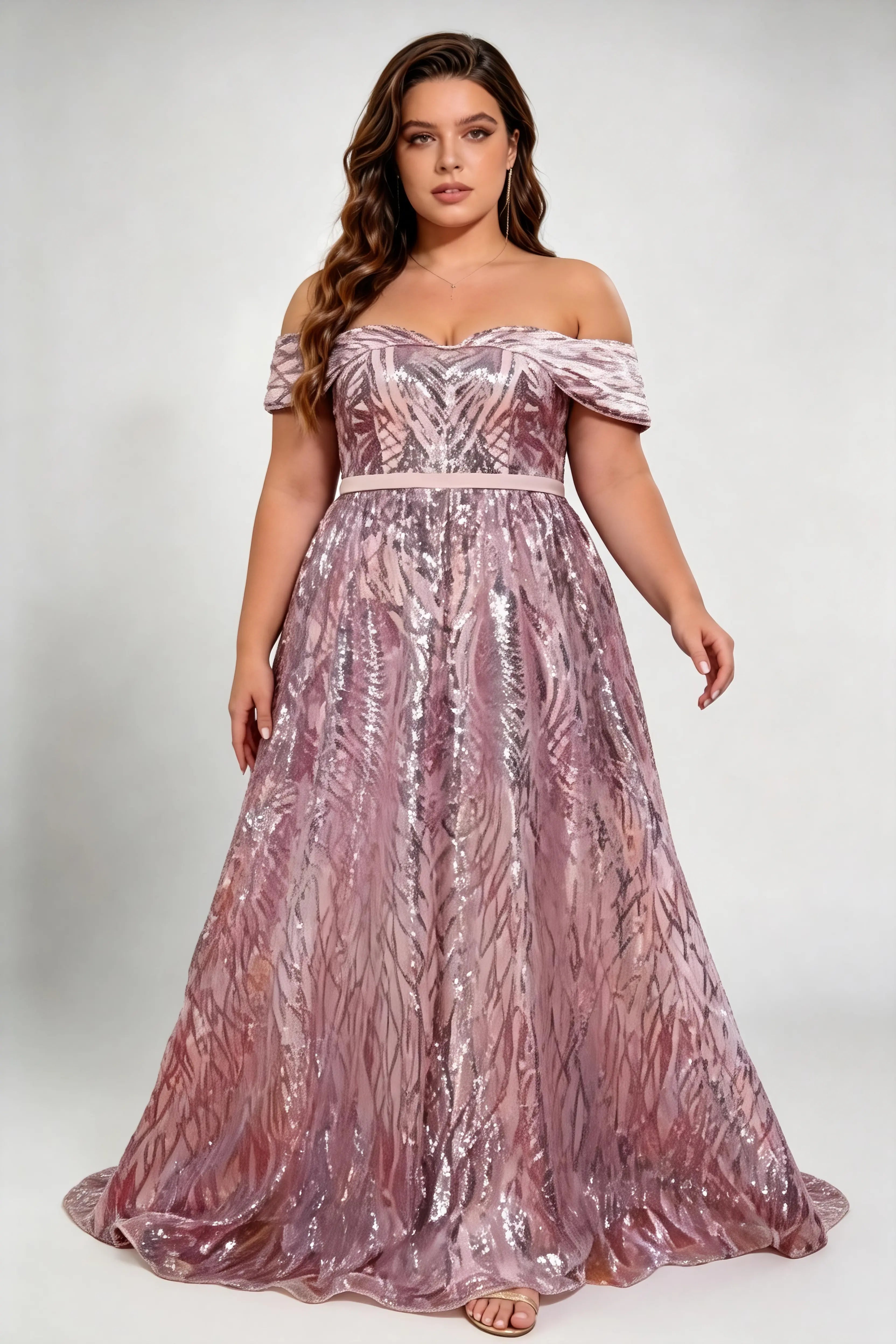Plus Size Off Shoulder Leaf Pattern Sequin High Waist A-line Sweep Train Formal Evening Maxi Dress