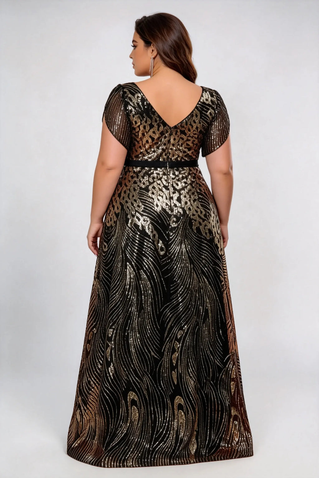 Plus Size Deep V Flutter Short Sleeve Peacock Feather Sequin High Waist A-line Floor Length Formal Evening Maxi Dress