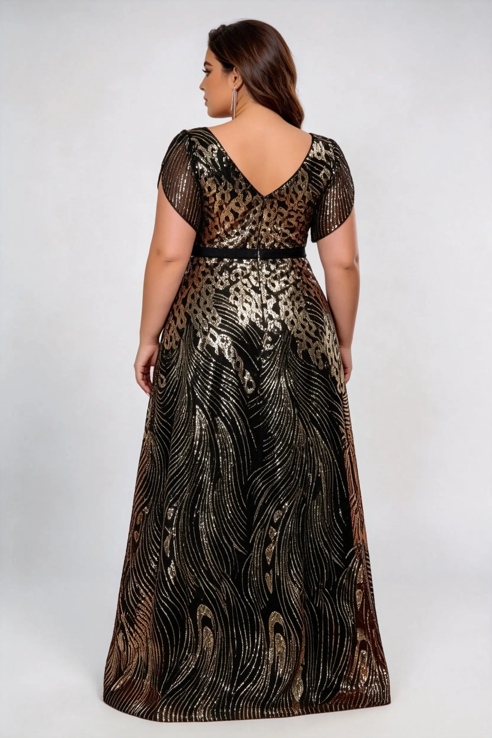 Plus Size Deep V Flutter Short Sleeve Peacock Feather Sequin High Waist A-line Floor Length Formal Evening Maxi Dress