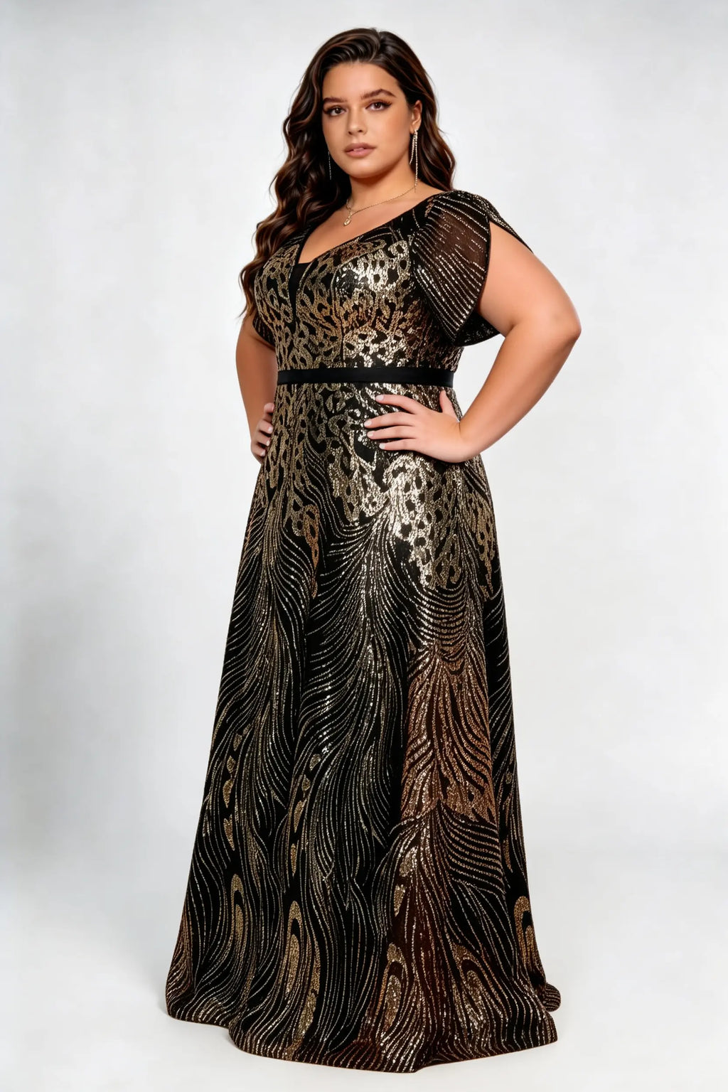 Plus Size Deep V Flutter Short Sleeve Peacock Feather Sequin High Waist A-line Floor Length Formal Evening Maxi Dress
