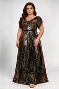 Plus Size Deep V Flutter Short Sleeve Peacock Feather Sequin High Waist A-line Floor Length Formal Evening Maxi Dress