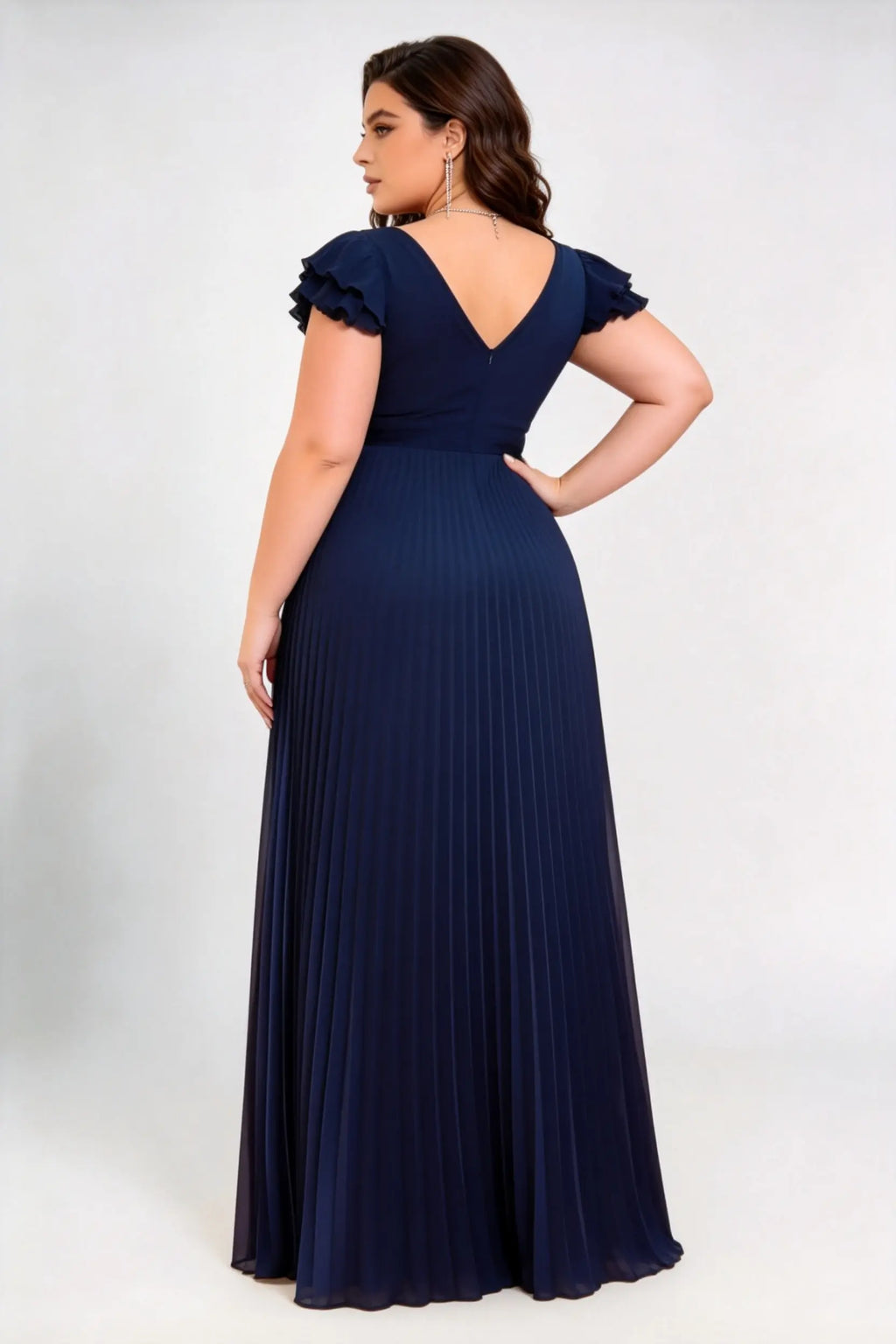 Plus Size V Neck Ruffle Cap Sleeve High Waist Pleated Chiffon Floor Length Bridesmaid Maxi Dress