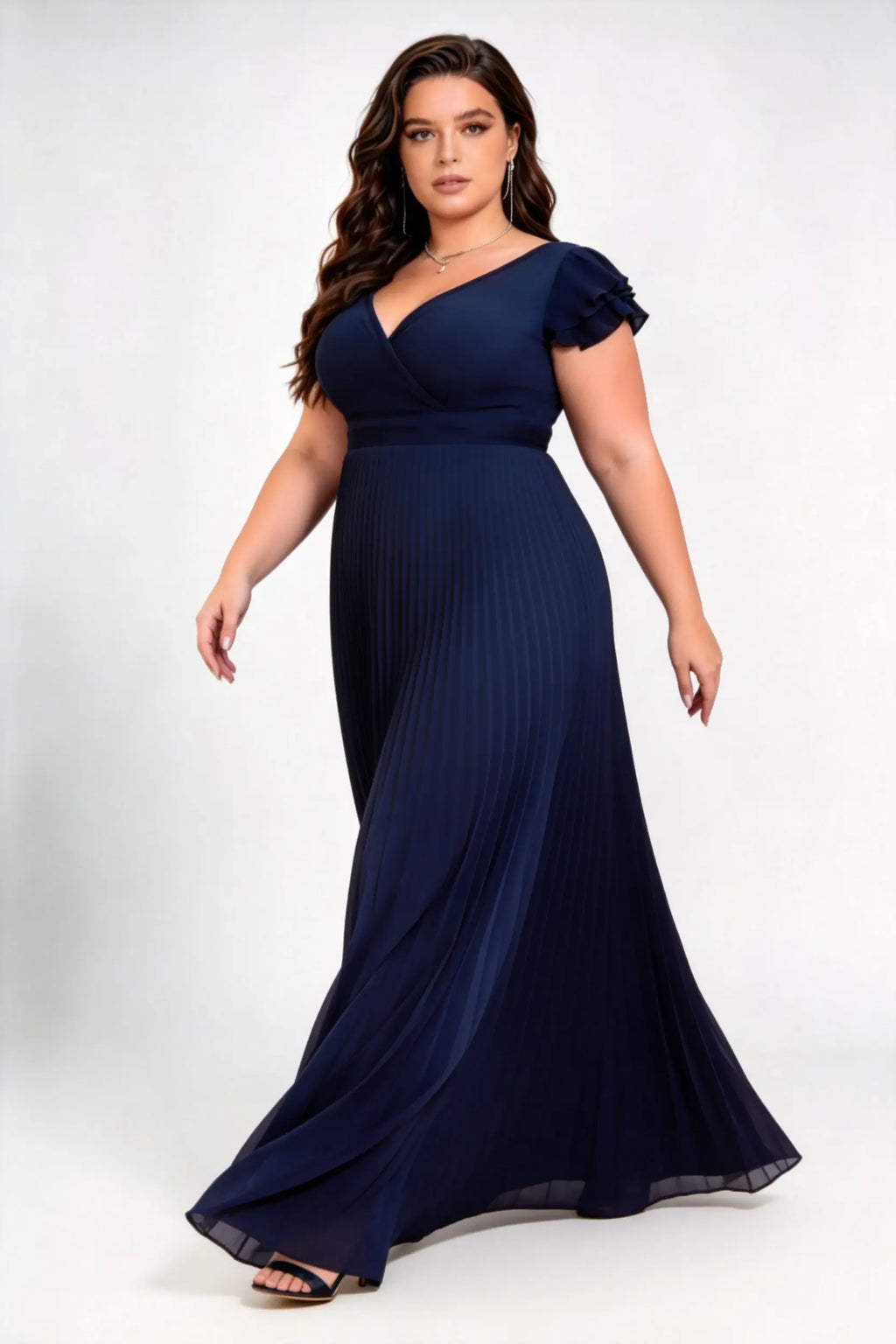 Plus Size V Neck Ruffle Cap Sleeve High Waist Pleated Chiffon Floor Length Bridesmaid Maxi Dress