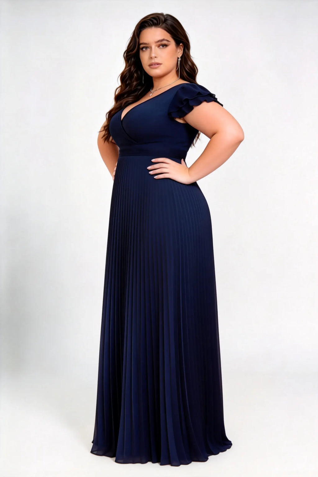 Plus Size V Neck Ruffle Cap Sleeve High Waist Pleated Chiffon Floor Length Bridesmaid Maxi Dress