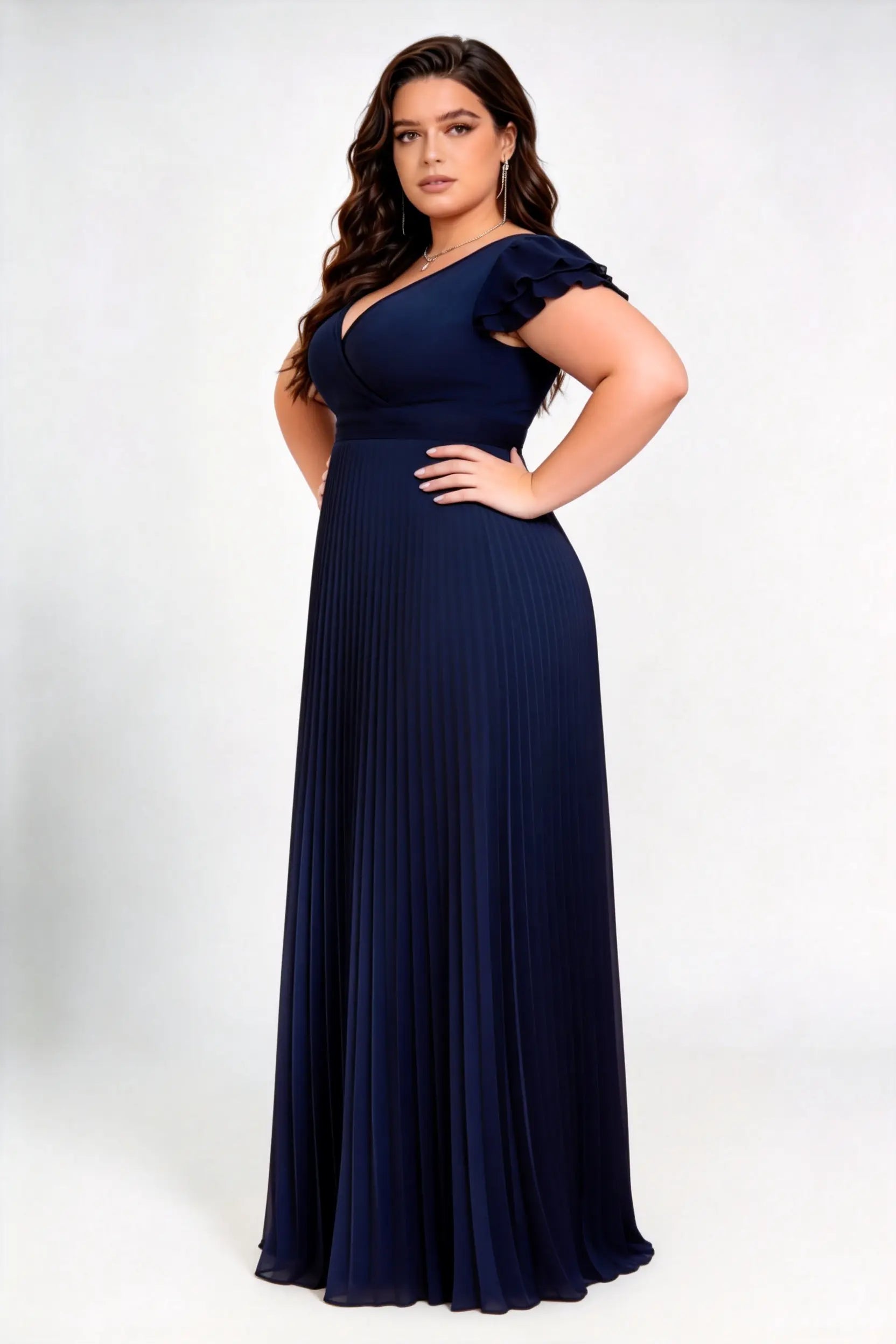 Plus Size V Neck Ruffle Cap Sleeve High Waist Pleated Chiffon Floor Length Bridesmaid Maxi Dress