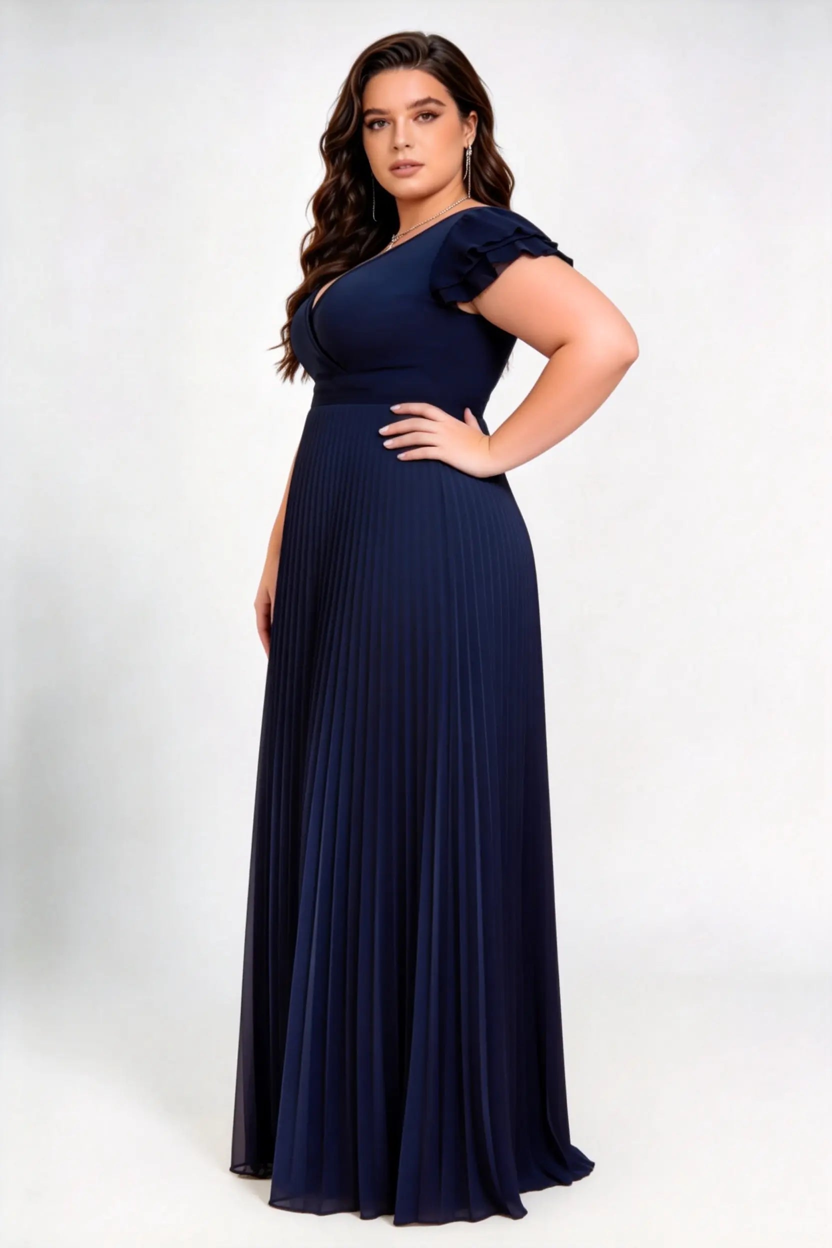 Plus Size V Neck Ruffle Cap Sleeve High Waist Pleated Chiffon Floor Length Bridesmaid Maxi Dress