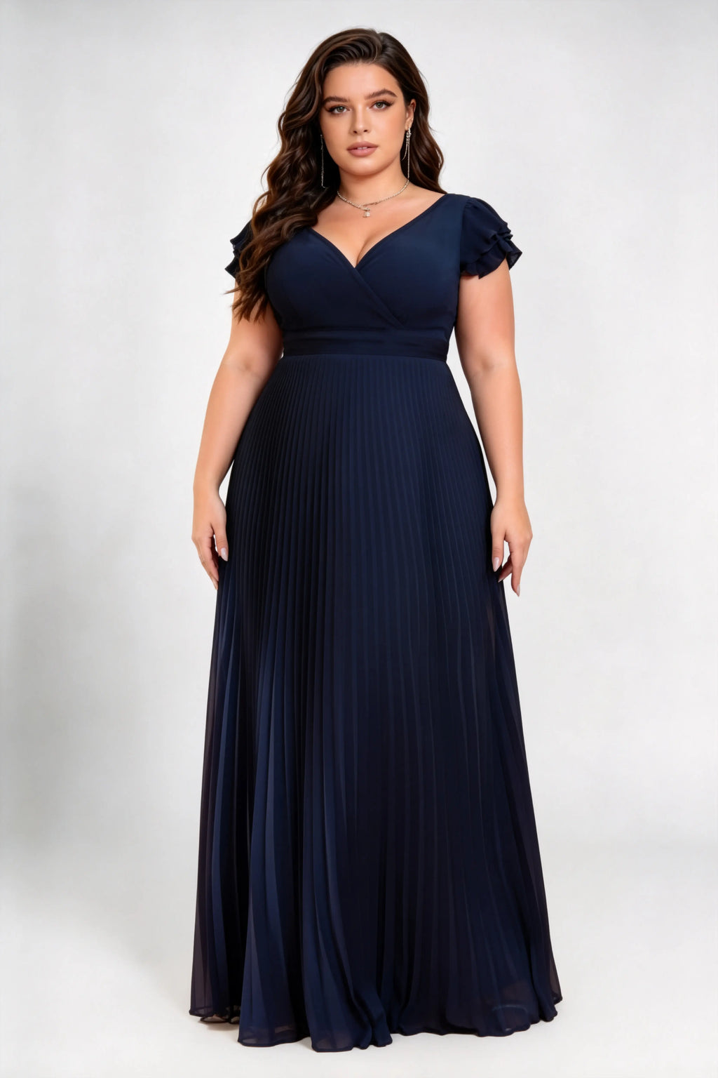 Plus Size V Neck Ruffle Cap Sleeve High Waist Pleated Chiffon Floor Length Bridesmaid Maxi Dress