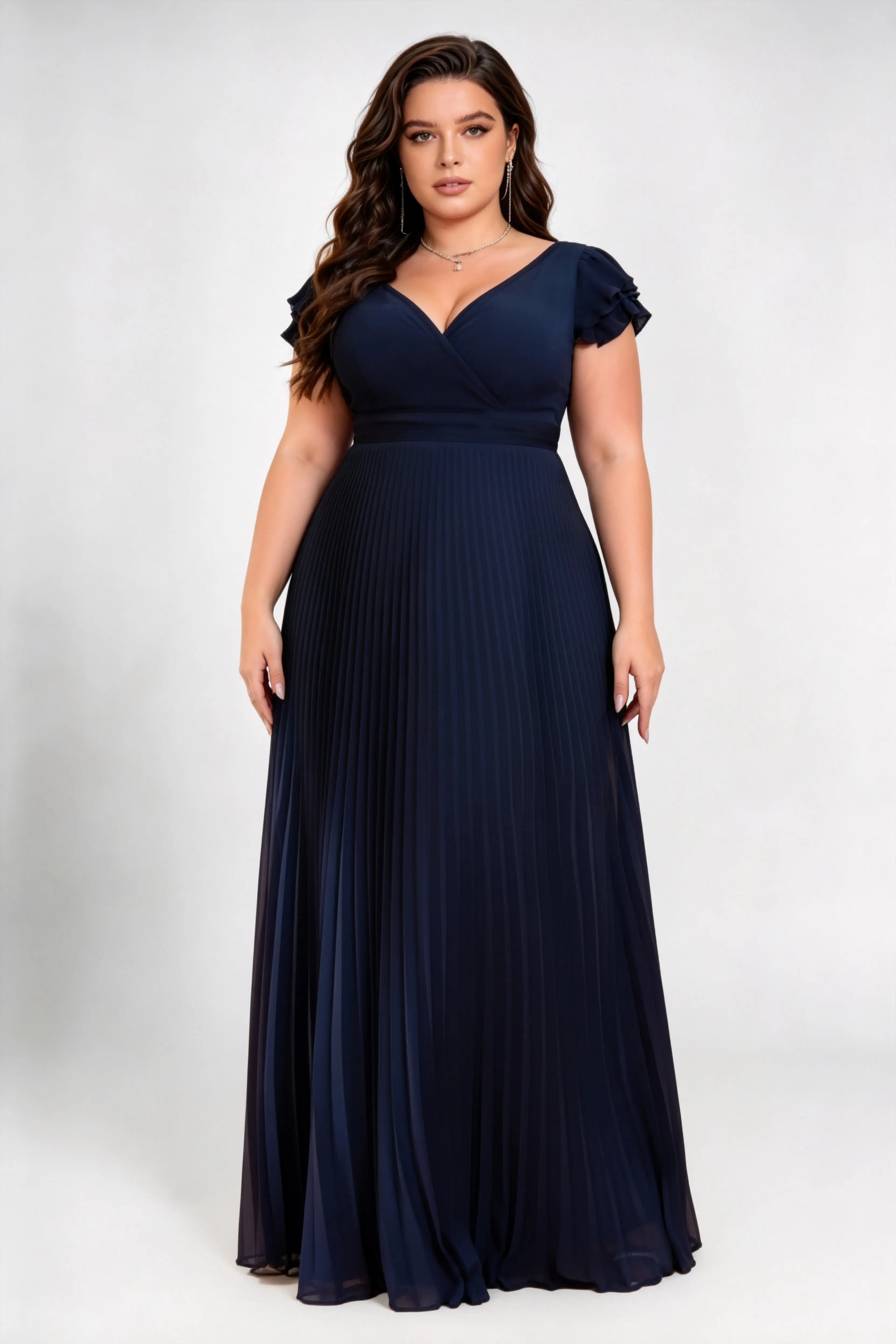 Plus Size V Neck Ruffle Cap Sleeve High Waist Pleated Chiffon Floor Length Bridesmaid Maxi Dress