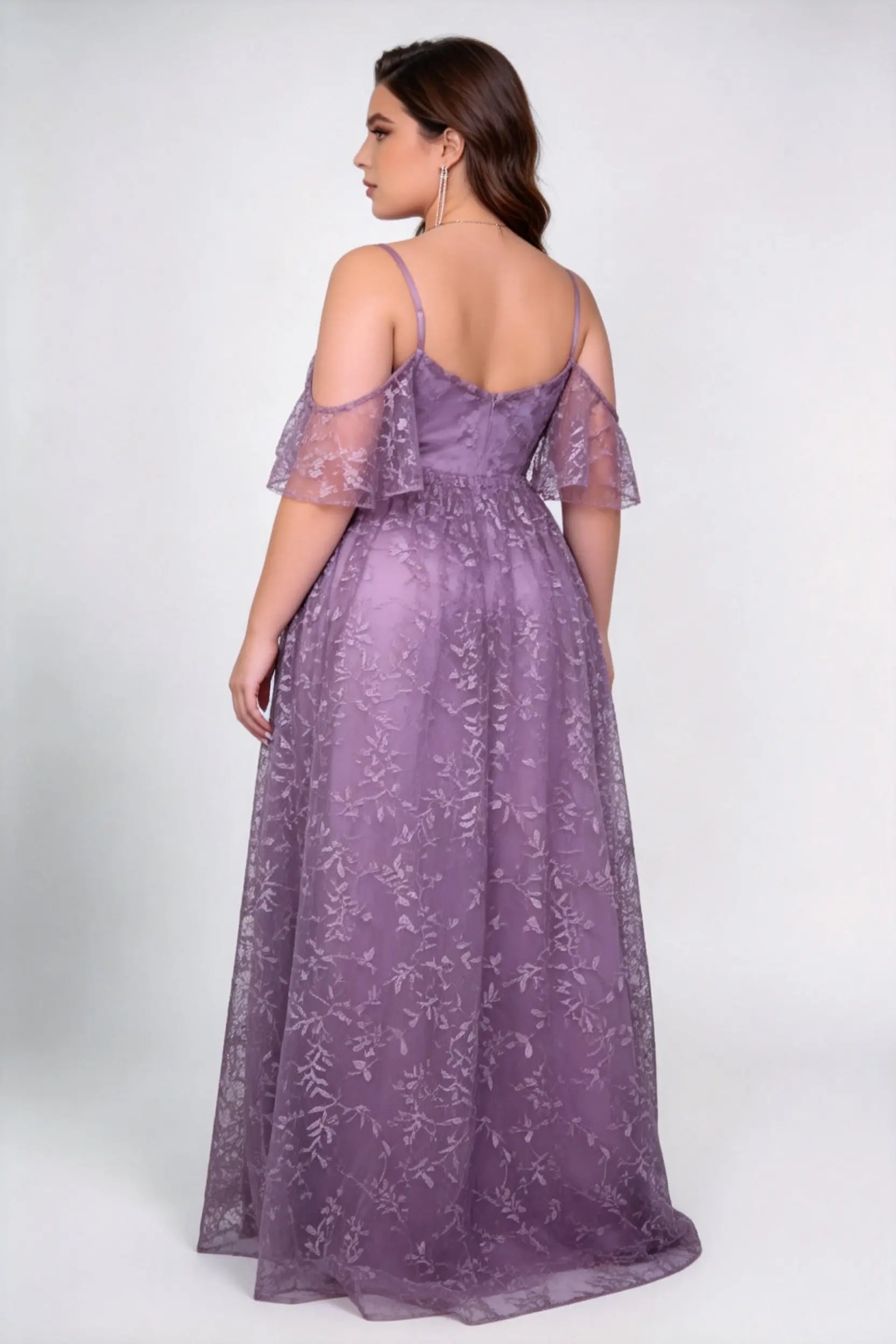 Plus Size Spaghetti Strap Off Shoulder Ruffle Short Sleeve Leaf Lace High Waist A-line Sweep Train Bridesmaid Maxi Dress