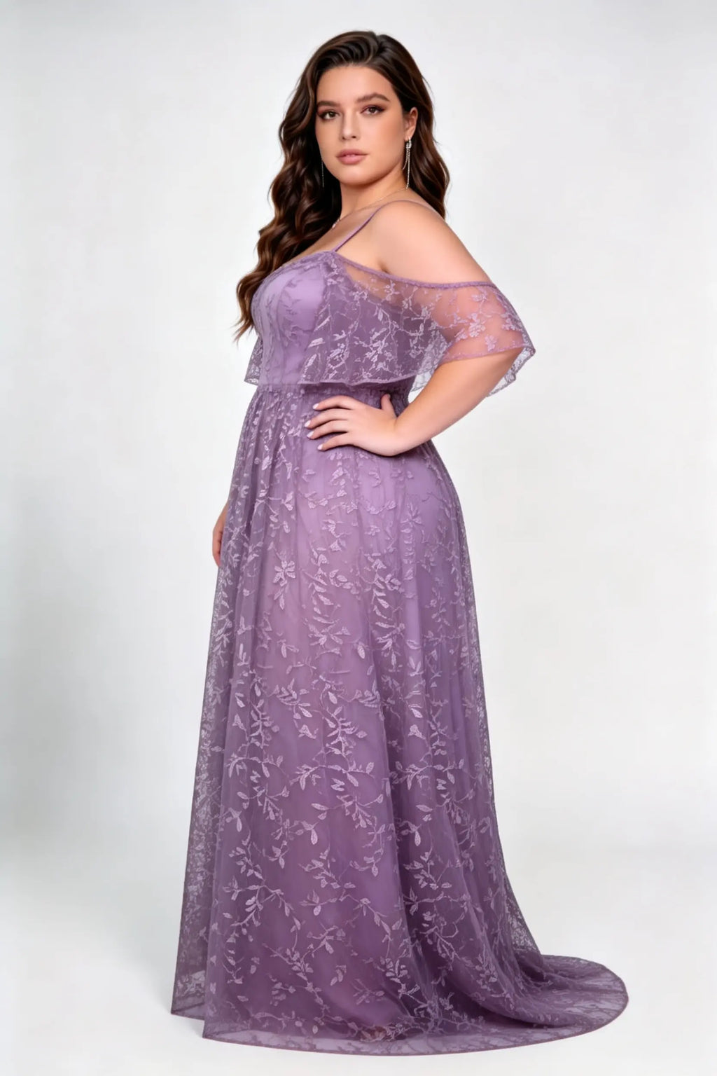 Plus Size Spaghetti Strap Off Shoulder Ruffle Short Sleeve Leaf Lace High Waist A-line Sweep Train Bridesmaid Maxi Dress