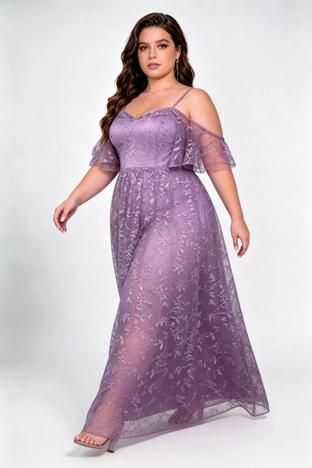 Plus Size Spaghetti Strap Off Shoulder Ruffle Short Sleeve Leaf Lace High Waist A-line Sweep Train Bridesmaid Maxi Dress