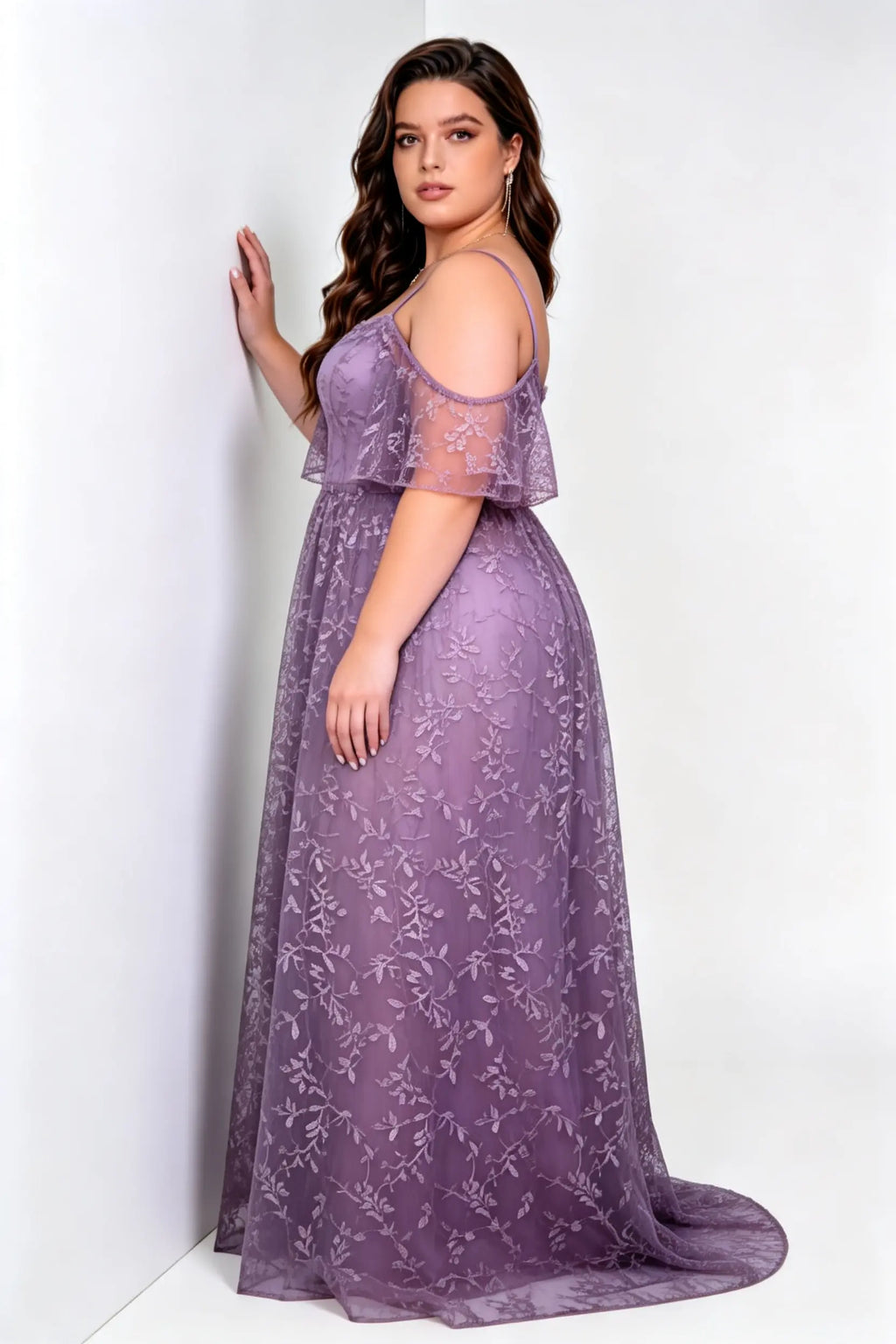 Plus Size Spaghetti Strap Off Shoulder Ruffle Short Sleeve Leaf Lace High Waist A-line Sweep Train Bridesmaid Maxi Dress