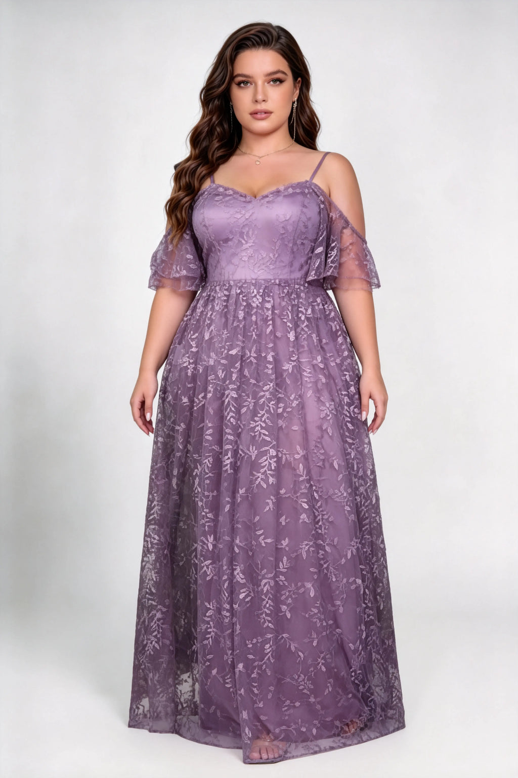 Plus Size Spaghetti Strap Off Shoulder Ruffle Short Sleeve Leaf Lace High Waist A-line Sweep Train Bridesmaid Maxi Dress