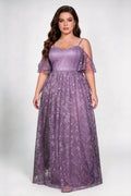 Plus Size Spaghetti Strap Off Shoulder Ruffle Short Sleeve Leaf Lace High Waist A-line Sweep Train Bridesmaid Maxi Dress