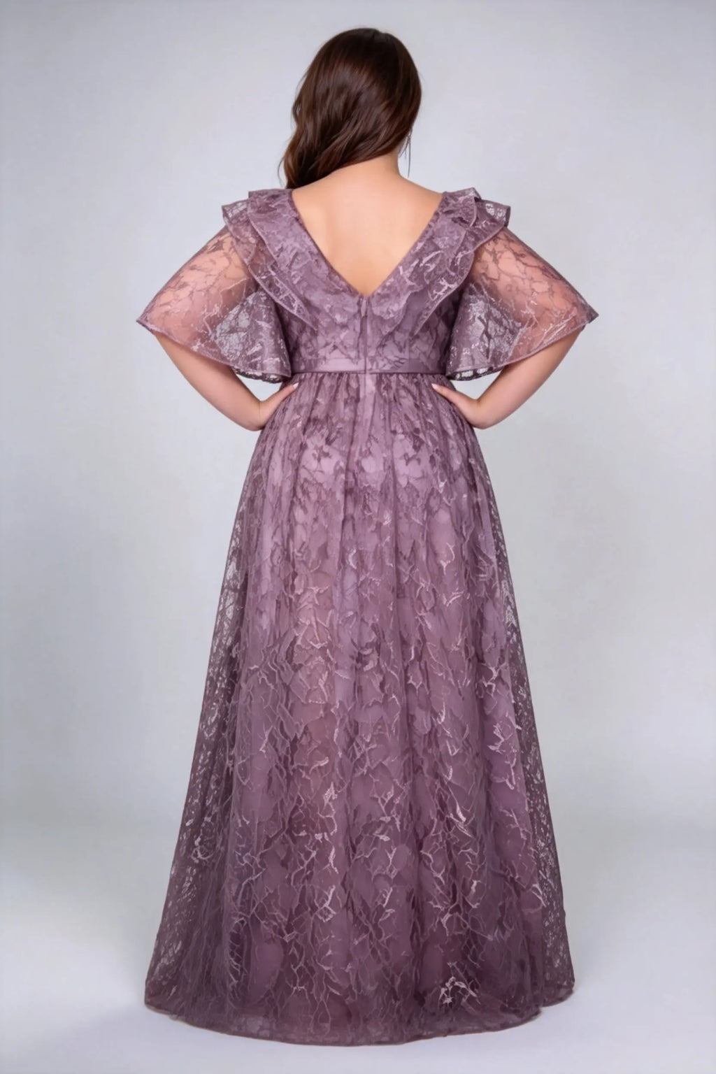 Plus Size Front & Back Deep V Neck Double Ruffle Flutter Sleeve Allover Irregular Lace High Waist Full A-line Floor Bridesmaid Maxi Dress