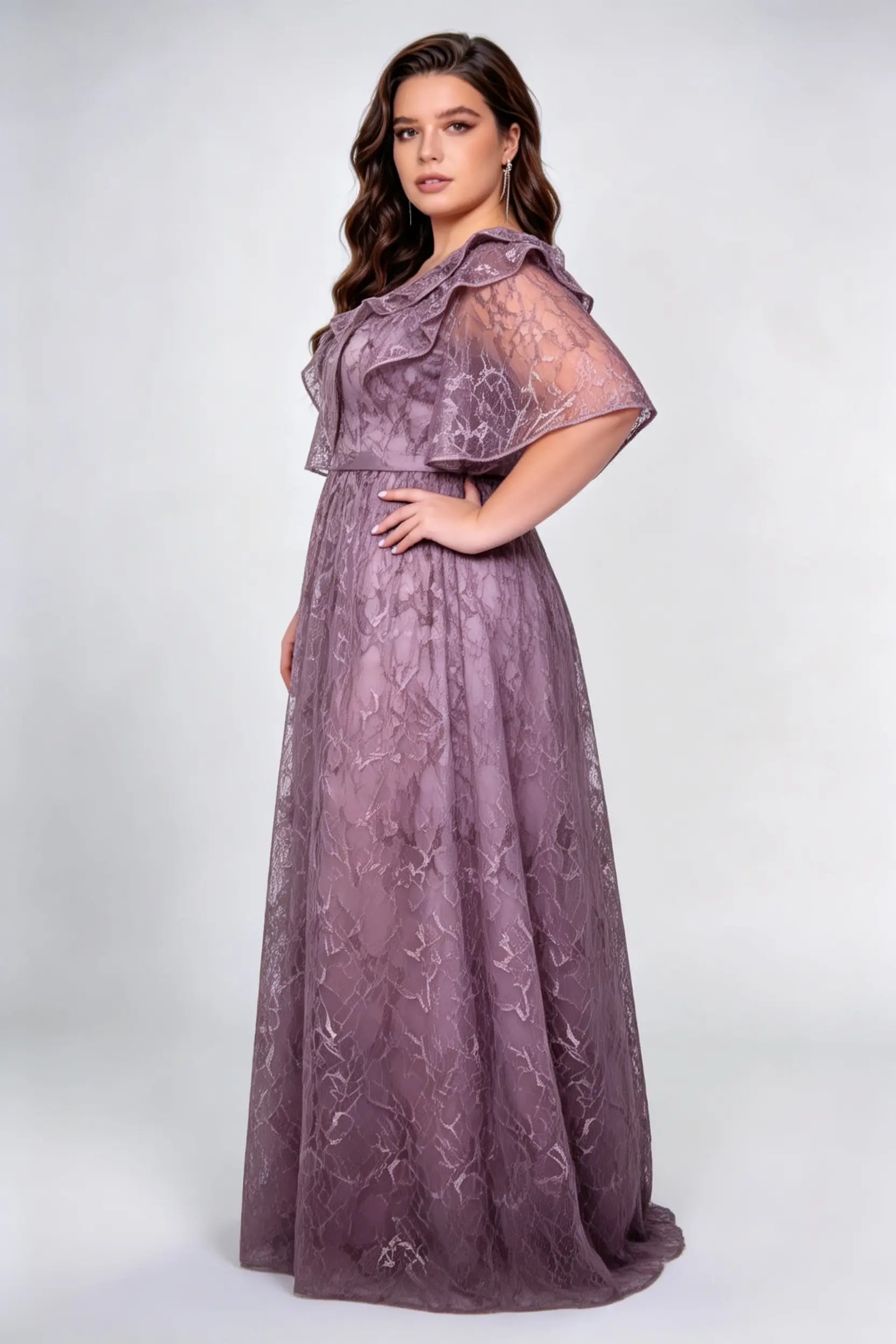 Plus Size Front & Back Deep V Neck Double Ruffle Flutter Sleeve Allover Irregular Lace High Waist Full A-line Floor Bridesmaid Maxi Dress