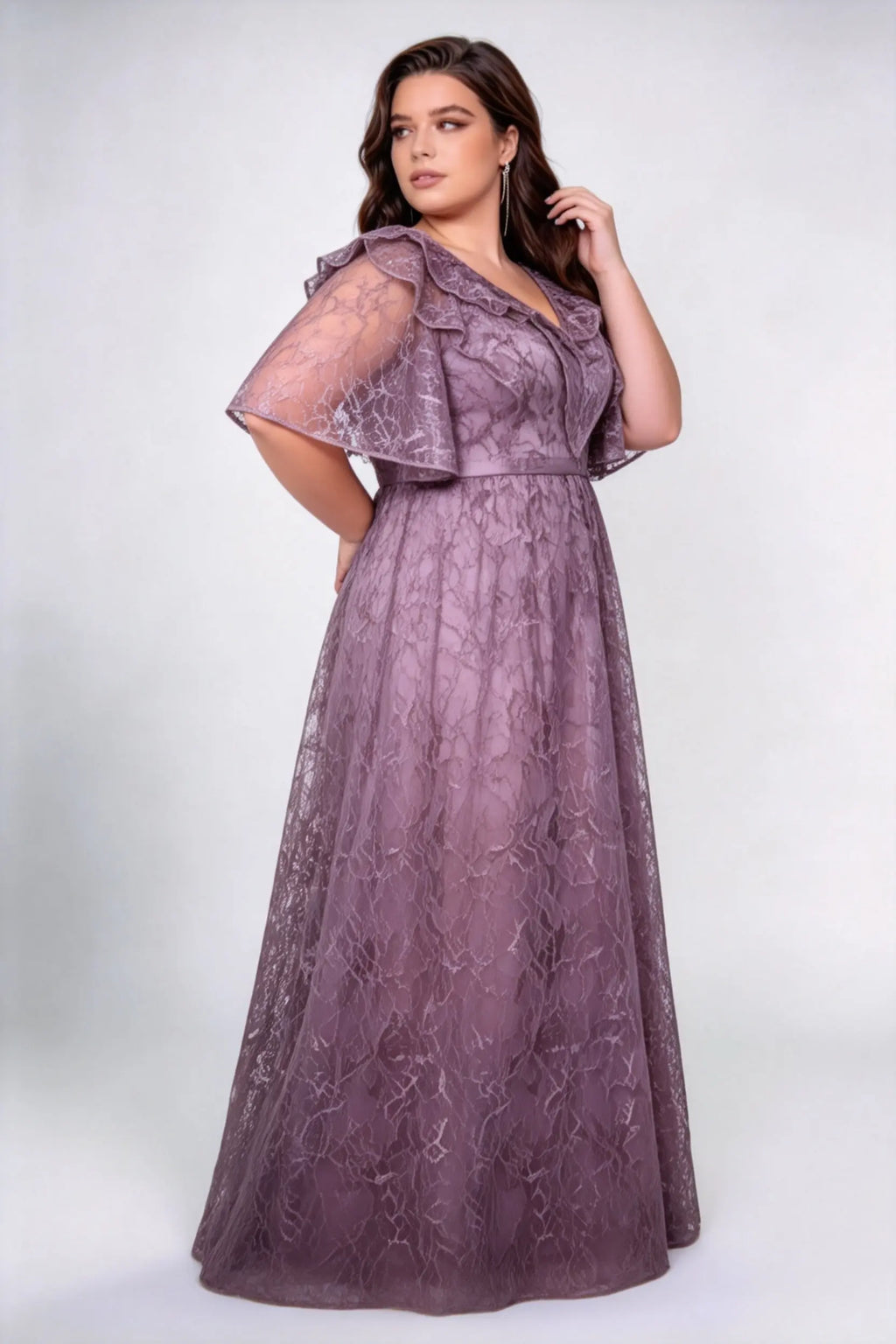 Plus Size Front & Back Deep V Neck Double Ruffle Flutter Sleeve Allover Irregular Lace High Waist Full A-line Floor Bridesmaid Maxi Dress