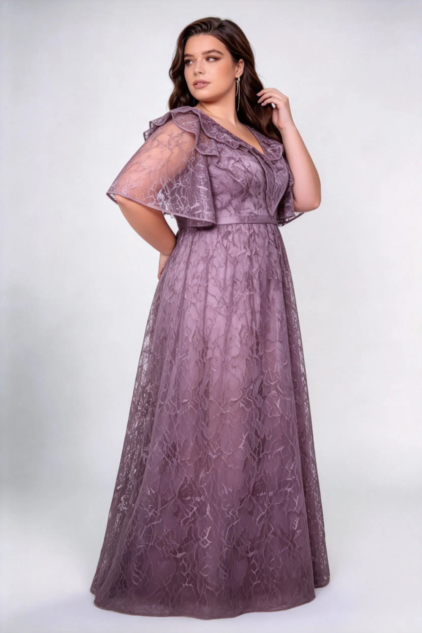 Plus Size Front & Back Deep V Neck Double Ruffle Flutter Sleeve Allover Irregular Lace High Waist Full A-line Floor Bridesmaid Maxi Dress