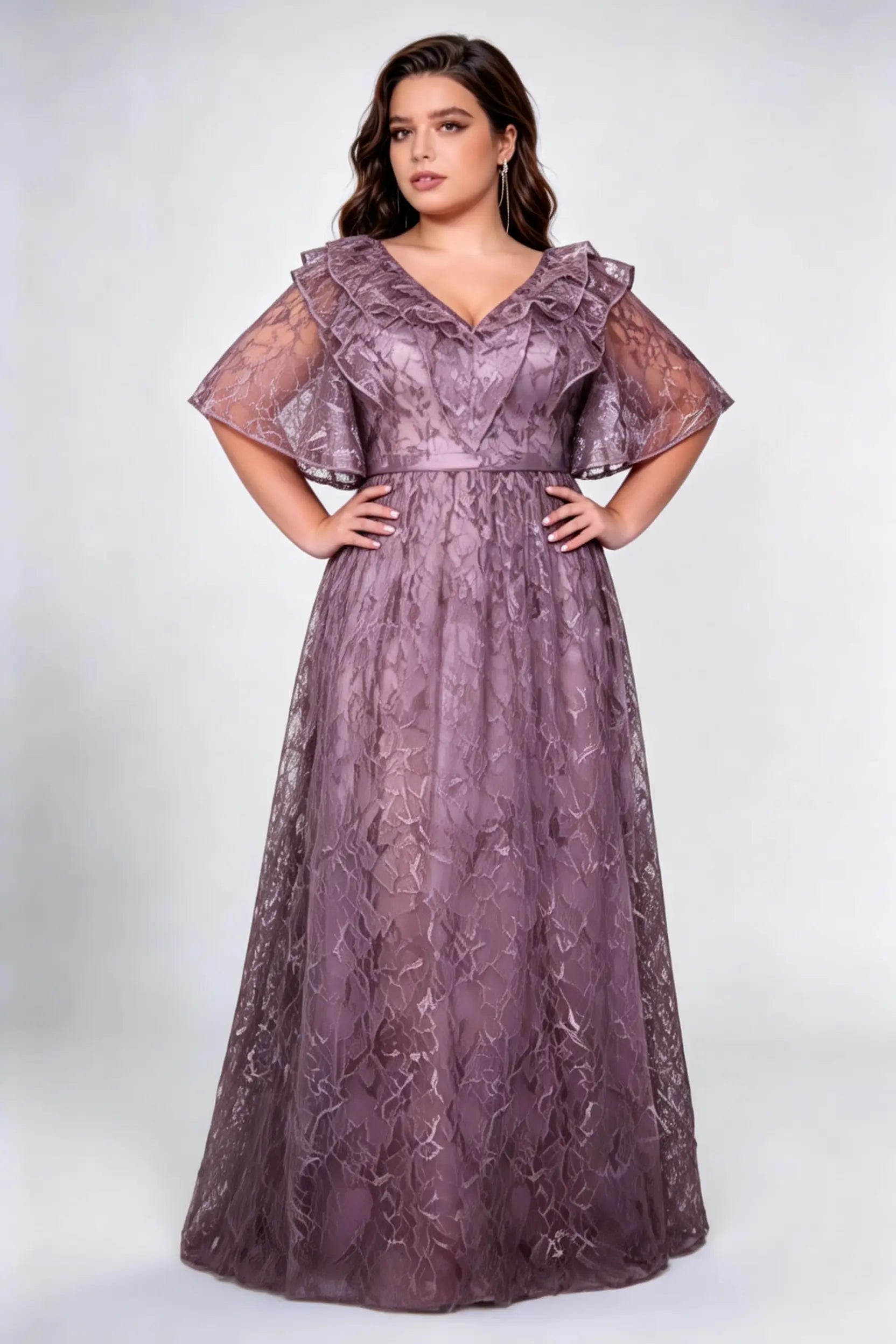 Plus Size Front & Back Deep V Neck Double Ruffle Flutter Sleeve Allover Irregular Lace High Waist Full A-line Floor Bridesmaid Maxi Dress