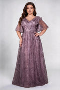 Plus Size Front & Back Deep V Neck Double Ruffle Flutter Sleeve Allover Irregular Lace High Waist Full A-line Floor Bridesmaid Maxi Dress
