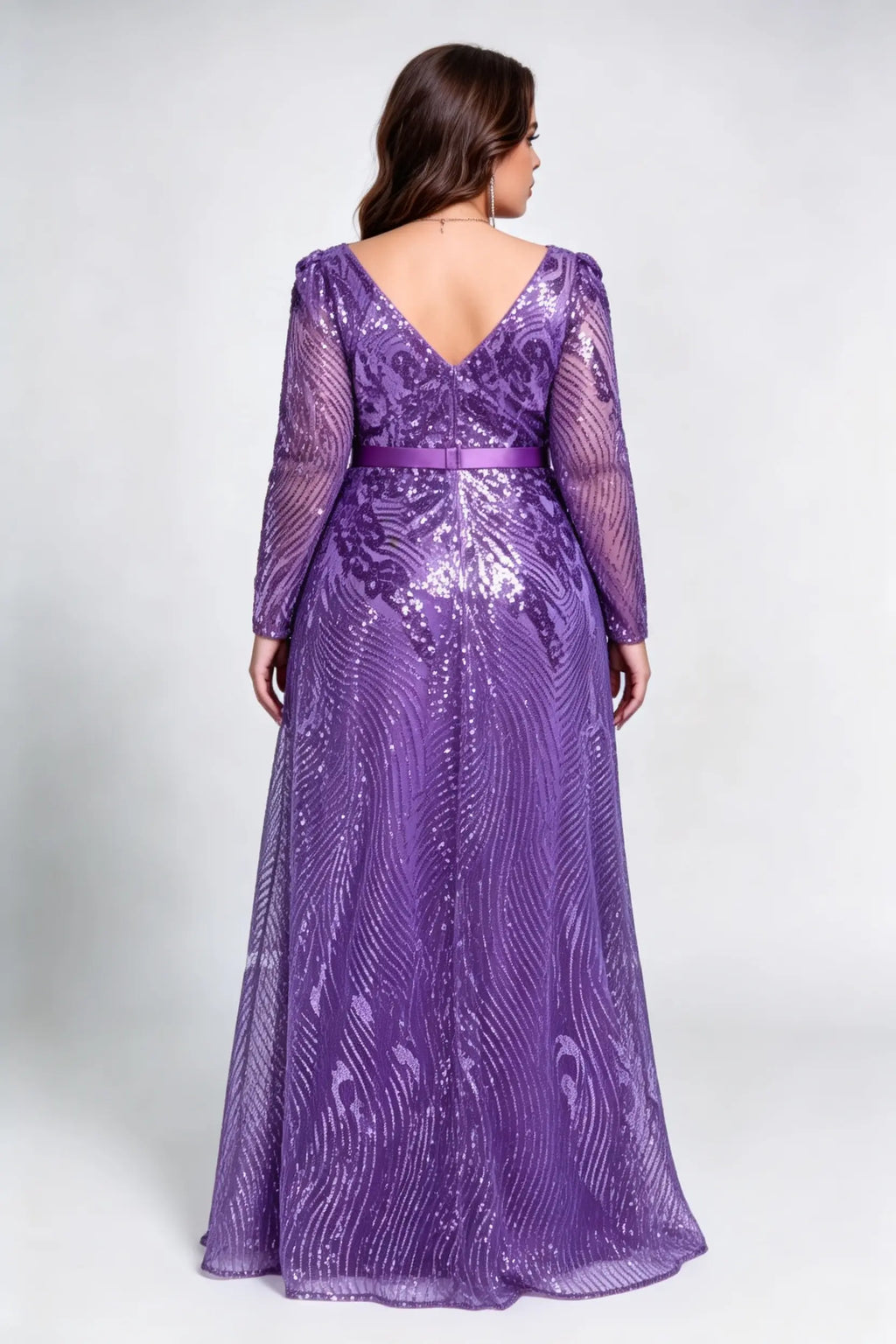 Plus Size Front & Back V Neck Long Sleeve Wave Peacock Sequin Mesh High Waist Full A-line Floor Formal Evening Maxi Dress