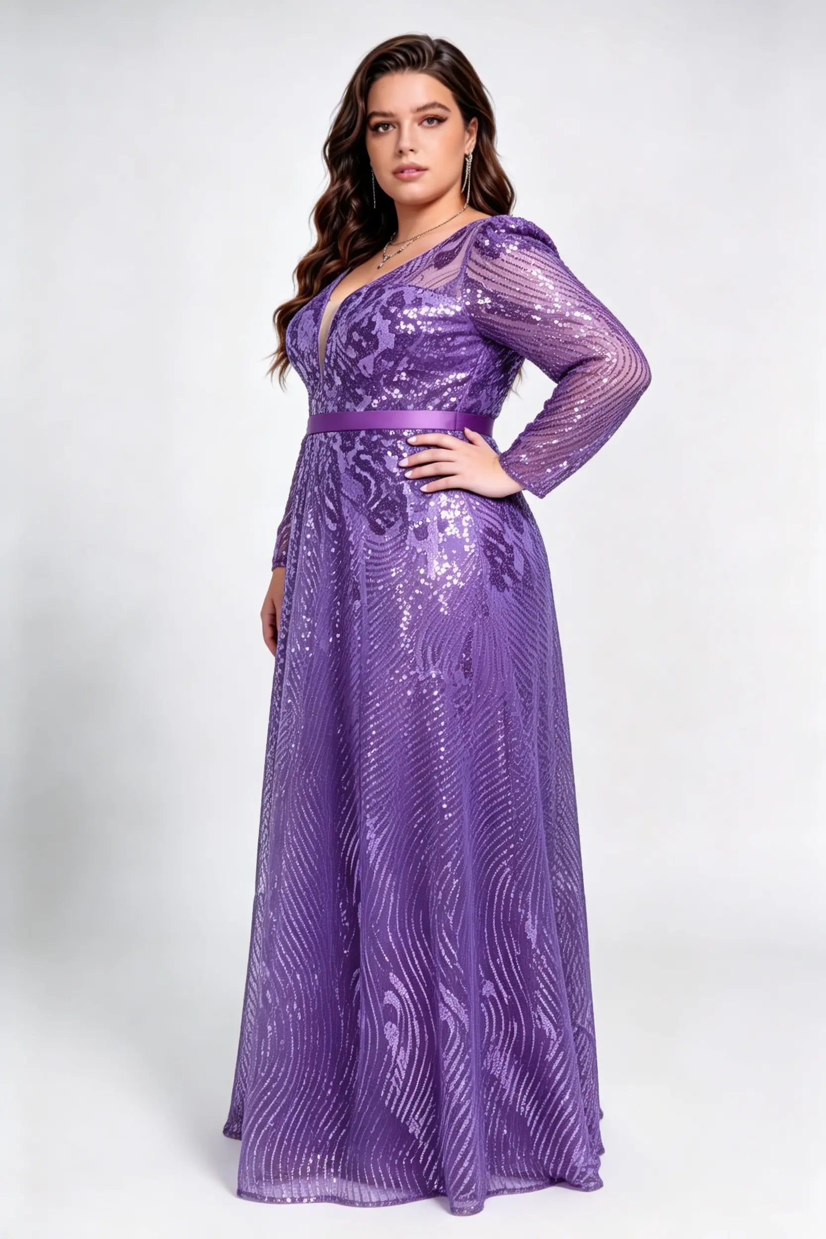 Plus Size Front & Back V Neck Long Sleeve Wave Peacock Sequin Mesh High Waist Full A-line Floor Formal Evening Maxi Dress