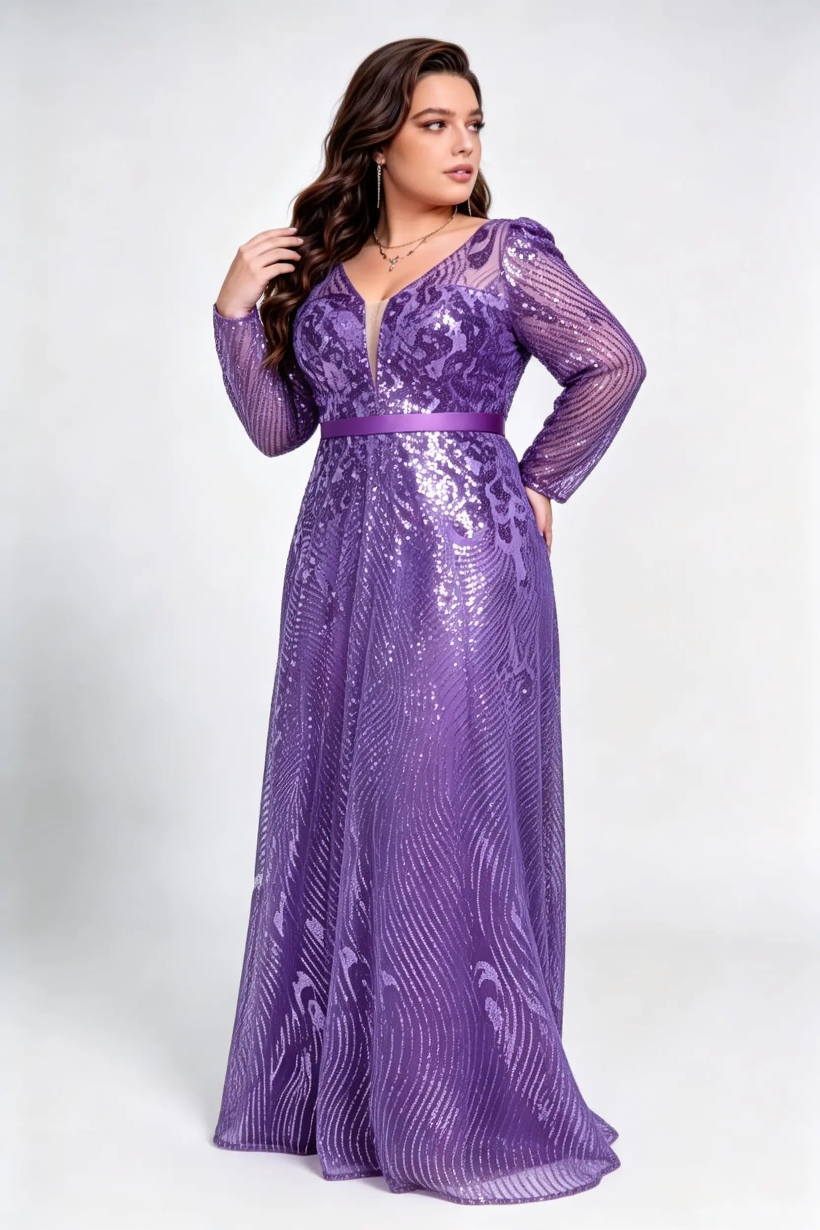 Plus Size Front & Back V Neck Long Sleeve Wave Peacock Sequin Mesh High Waist Full A-line Floor Formal Evening Maxi Dress