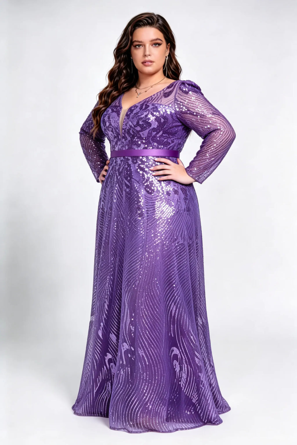 Plus Size Front & Back V Neck Long Sleeve Wave Peacock Sequin Mesh High Waist Full A-line Floor Formal Evening Maxi Dress