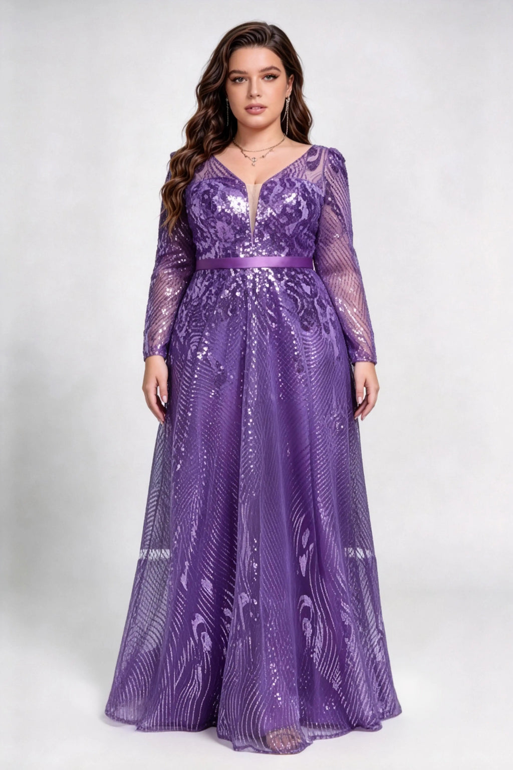 Plus Size Front & Back V Neck Long Sleeve Wave Peacock Sequin Mesh High Waist Full A-line Floor Formal Evening Maxi Dress