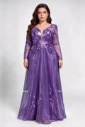 Plus Size Front & Back V Neck Long Sleeve Wave Peacock Sequin Mesh High Waist Full A-line Floor Formal Evening Maxi Dress