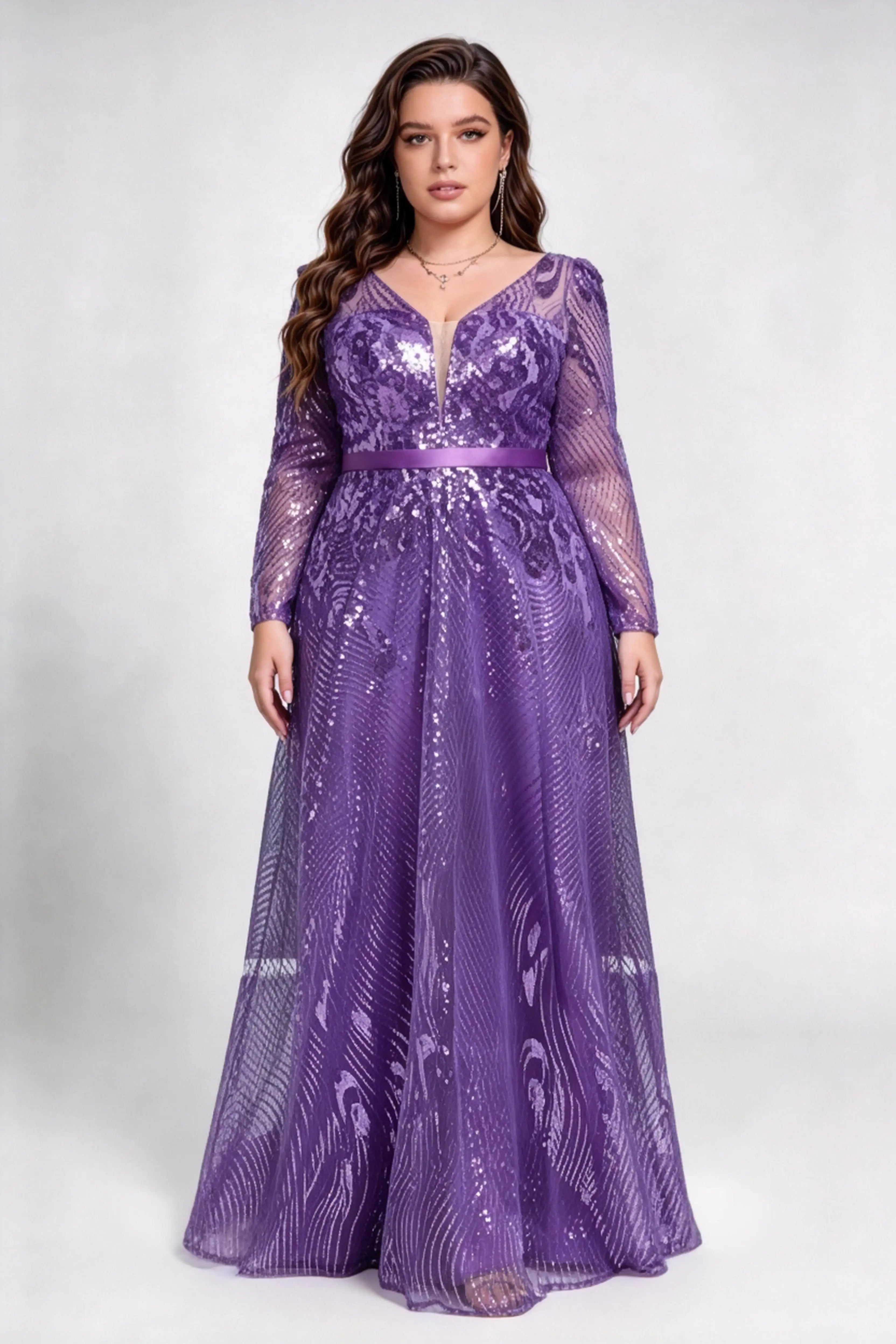 Plus Size Front & Back V Neck Long Sleeve Wave Peacock Sequin Mesh High Waist Full A-line Floor Formal Evening Maxi Dress