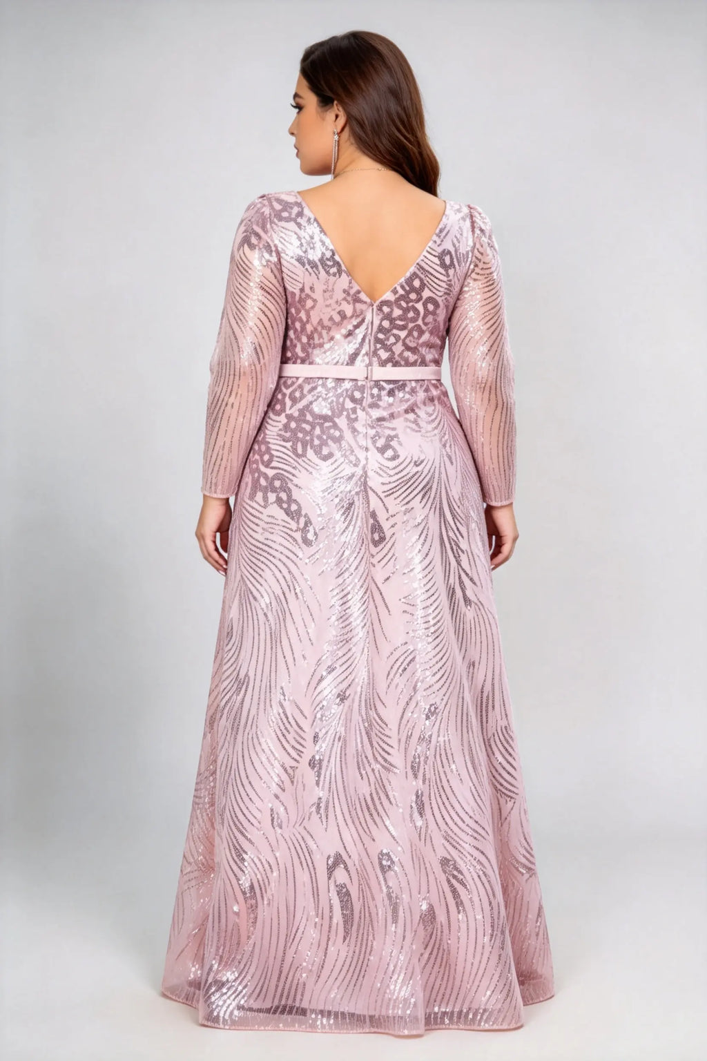 Plus Size Front & Back Deep V Neck Long Sleeve Feather Sequin Mesh High Waist A-line Floor Length Evening Maxi Dress