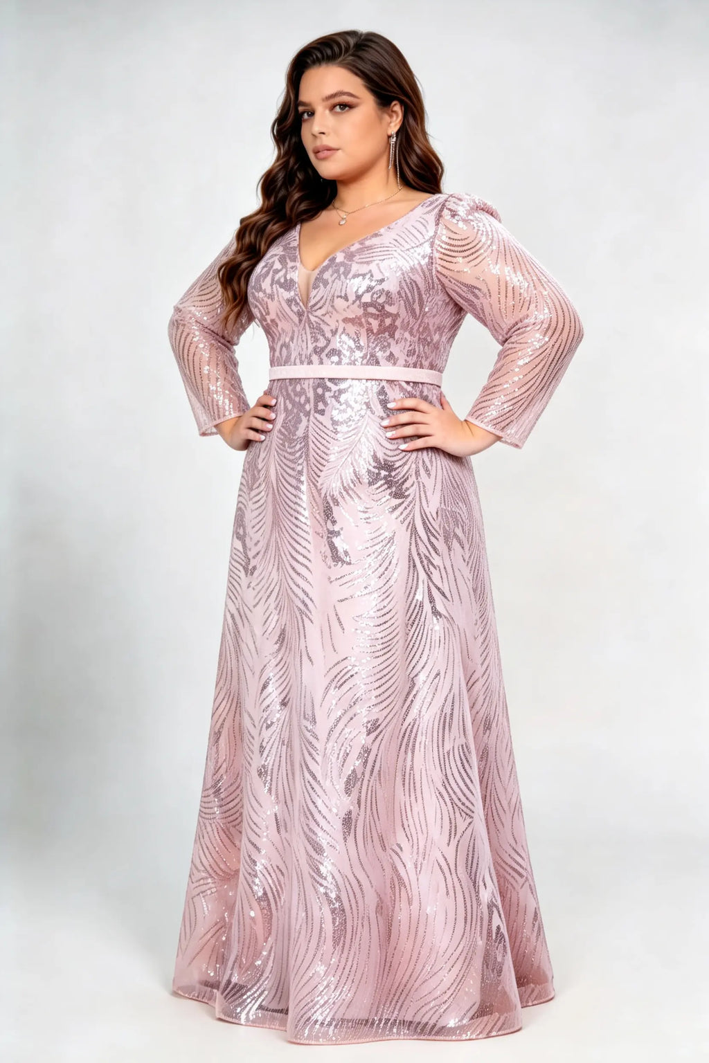 Plus Size Front & Back Deep V Neck Long Sleeve Feather Sequin Mesh High Waist A-line Floor Length Evening Maxi Dress
