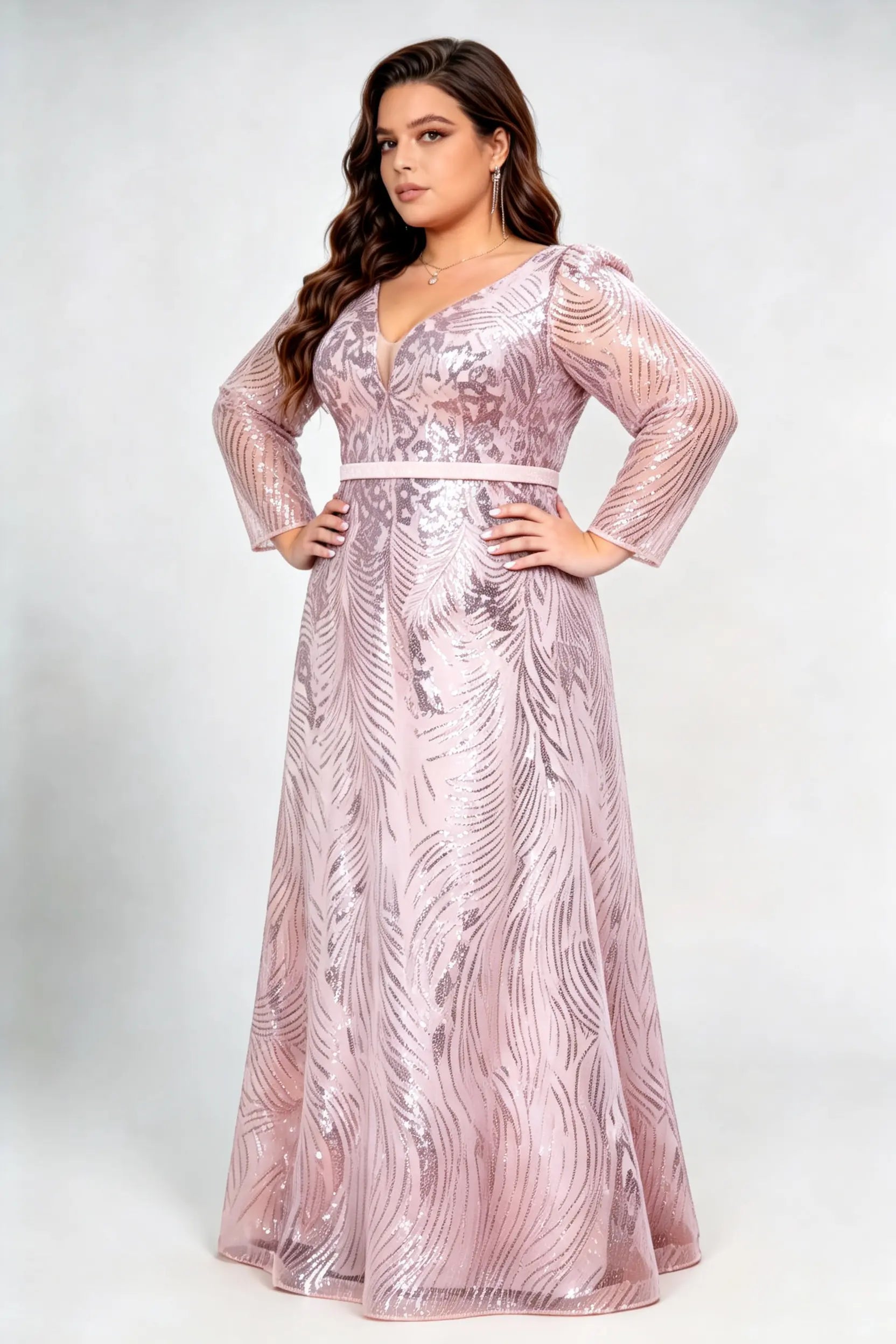 Plus Size Front & Back Deep V Neck Long Sleeve Feather Sequin Mesh High Waist A-line Floor Length Evening Maxi Dress