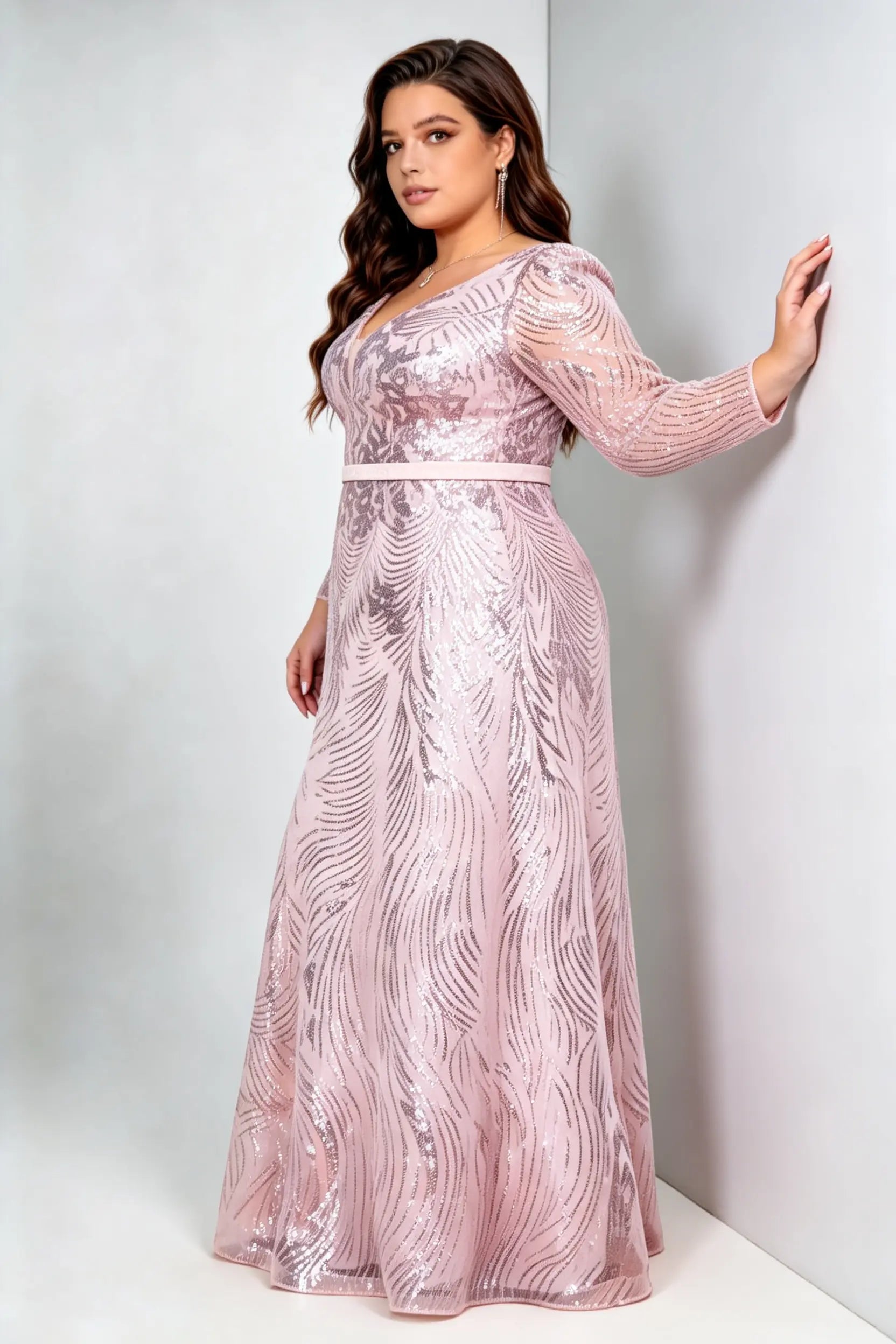 Plus Size Front & Back Deep V Neck Long Sleeve Feather Sequin Mesh High Waist A-line Floor Length Evening Maxi Dress