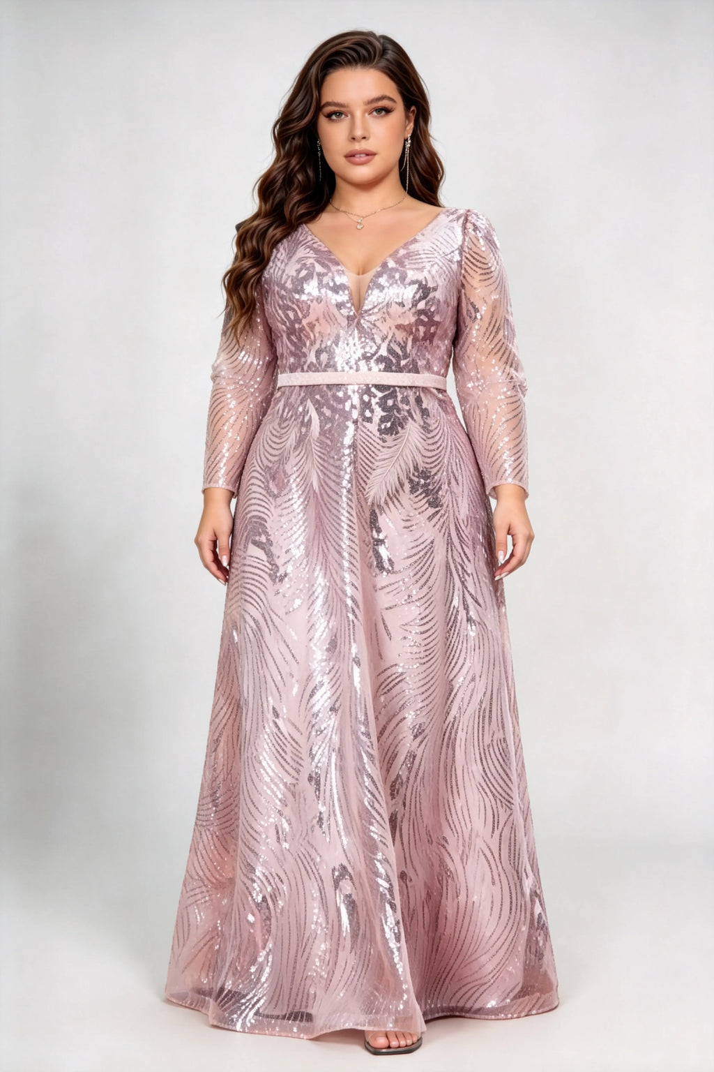 Plus Size Front & Back Deep V Neck Long Sleeve Feather Sequin Mesh High Waist A-line Floor Length Evening Maxi Dress