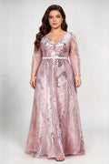 Plus Size Front & Back Deep V Neck Long Sleeve Feather Sequin Mesh High Waist A-line Floor Length Evening Maxi Dress