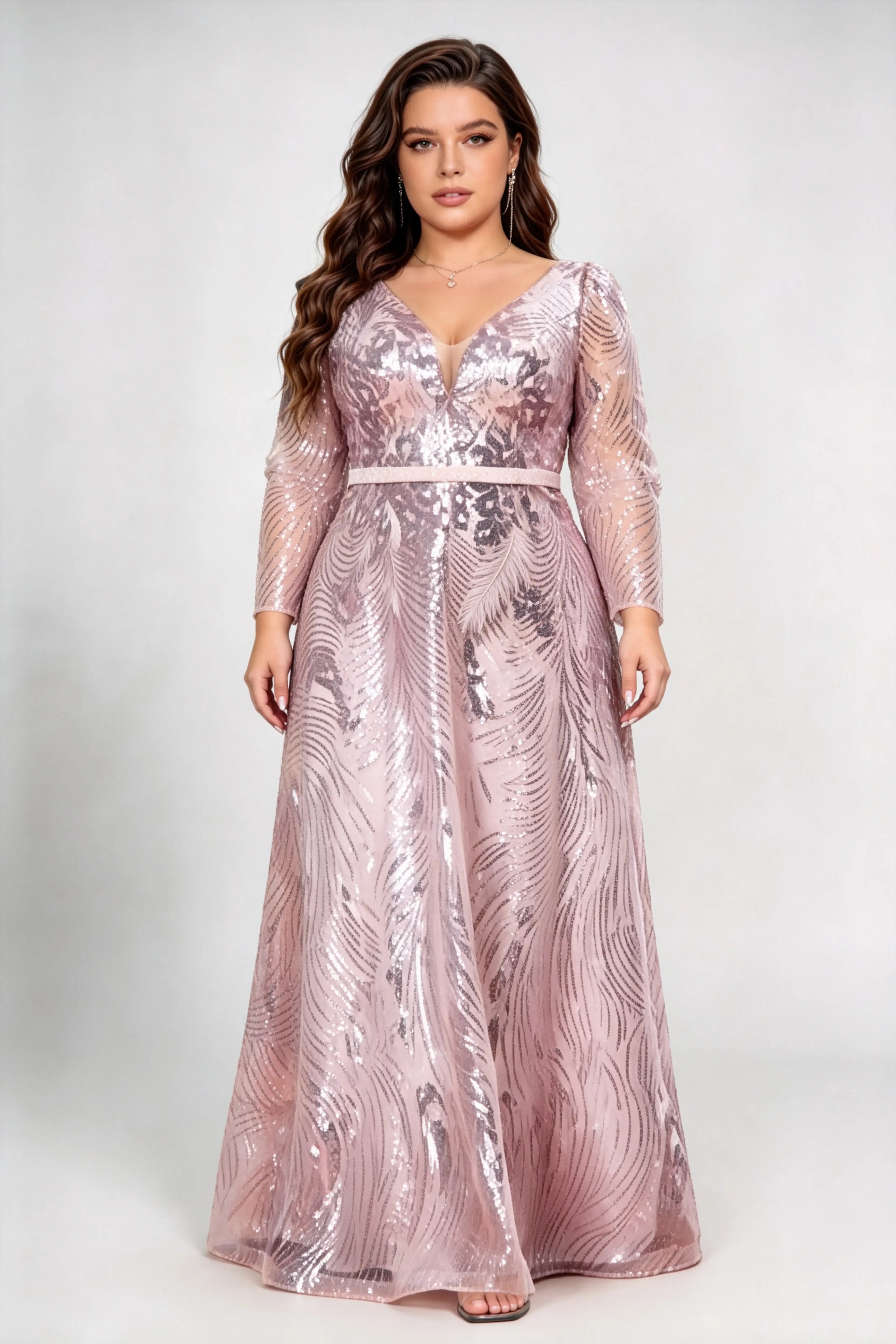Plus Size Front & Back Deep V Neck Long Sleeve Feather Sequin Mesh High Waist A-line Floor Length Evening Maxi Dress