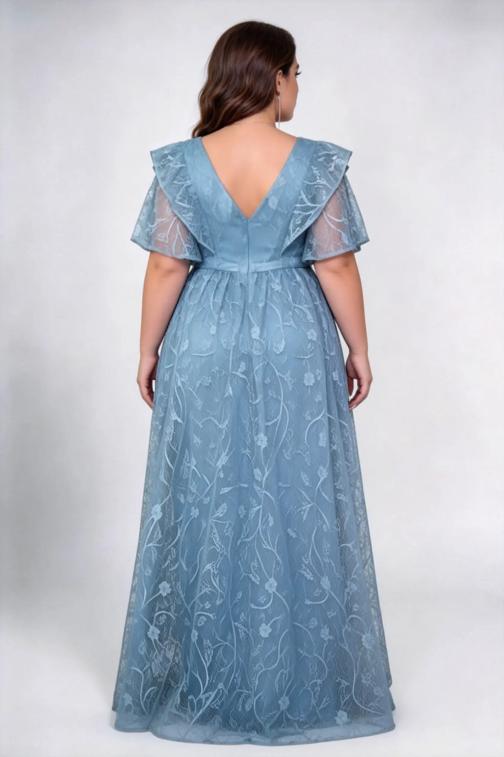 Plus Size Round Neck Ruffle Short Sleeve Floral Lace High Waist A-line Floor Length Bridesmaid Maxi Dress