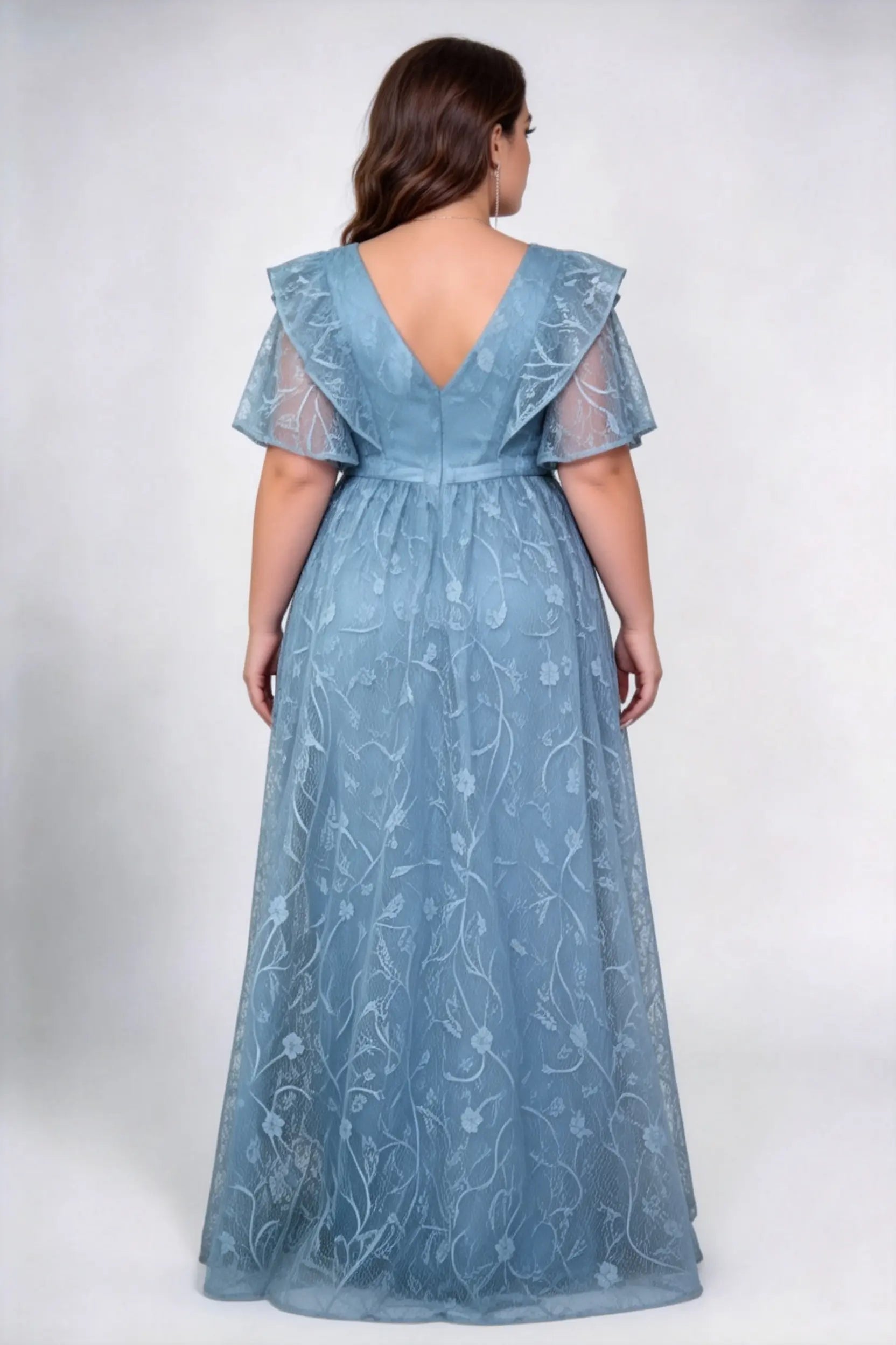 Plus Size Round Neck Ruffle Short Sleeve Floral Lace High Waist A-line Floor Length Bridesmaid Maxi Dress