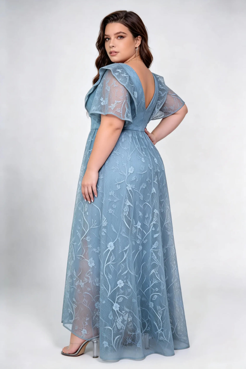 Plus Size Round Neck Ruffle Short Sleeve Floral Lace High Waist A-line Floor Length Bridesmaid Maxi Dress