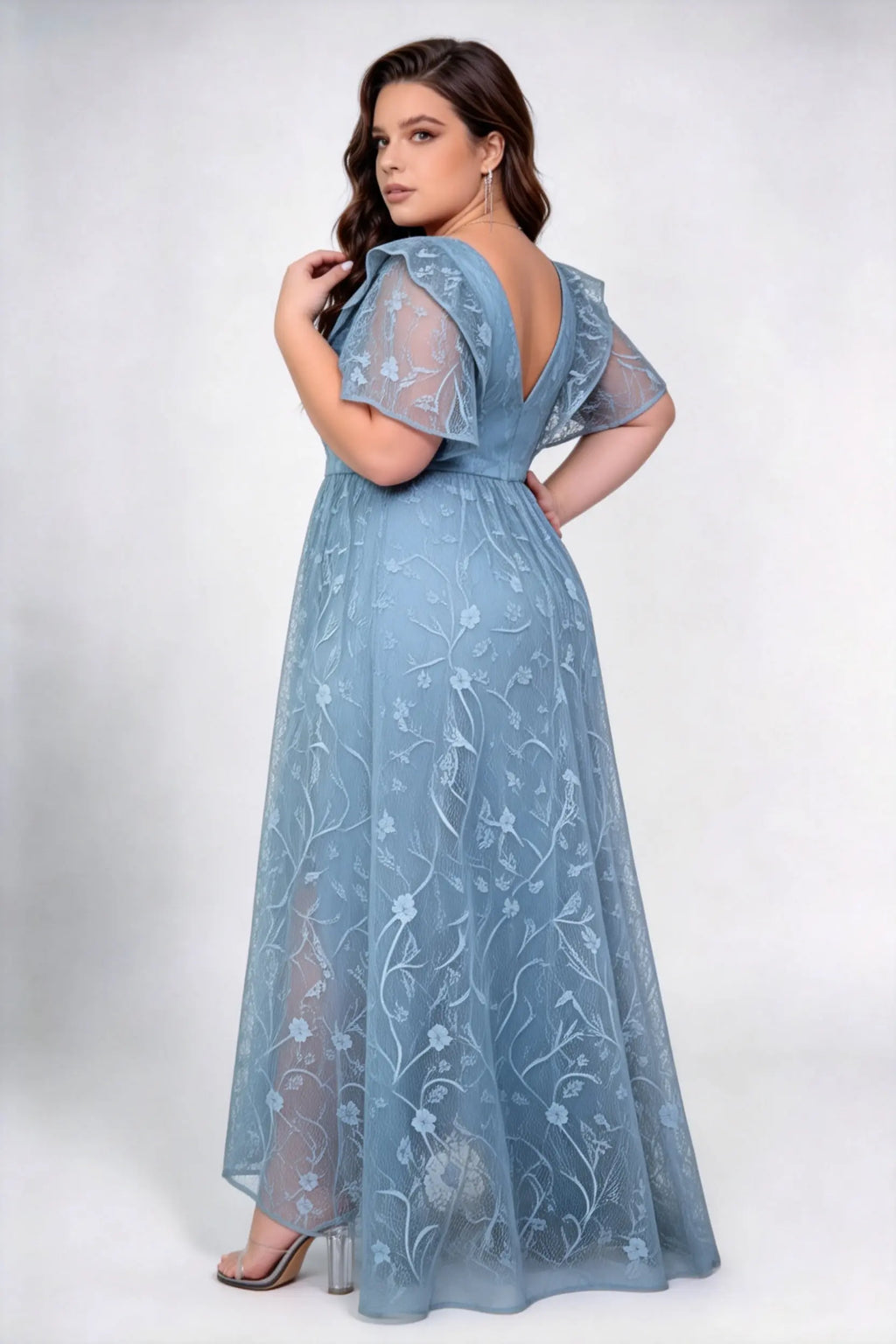 Plus Size Round Neck Ruffle Short Sleeve Floral Lace High Waist A-line Floor Length Bridesmaid Maxi Dress