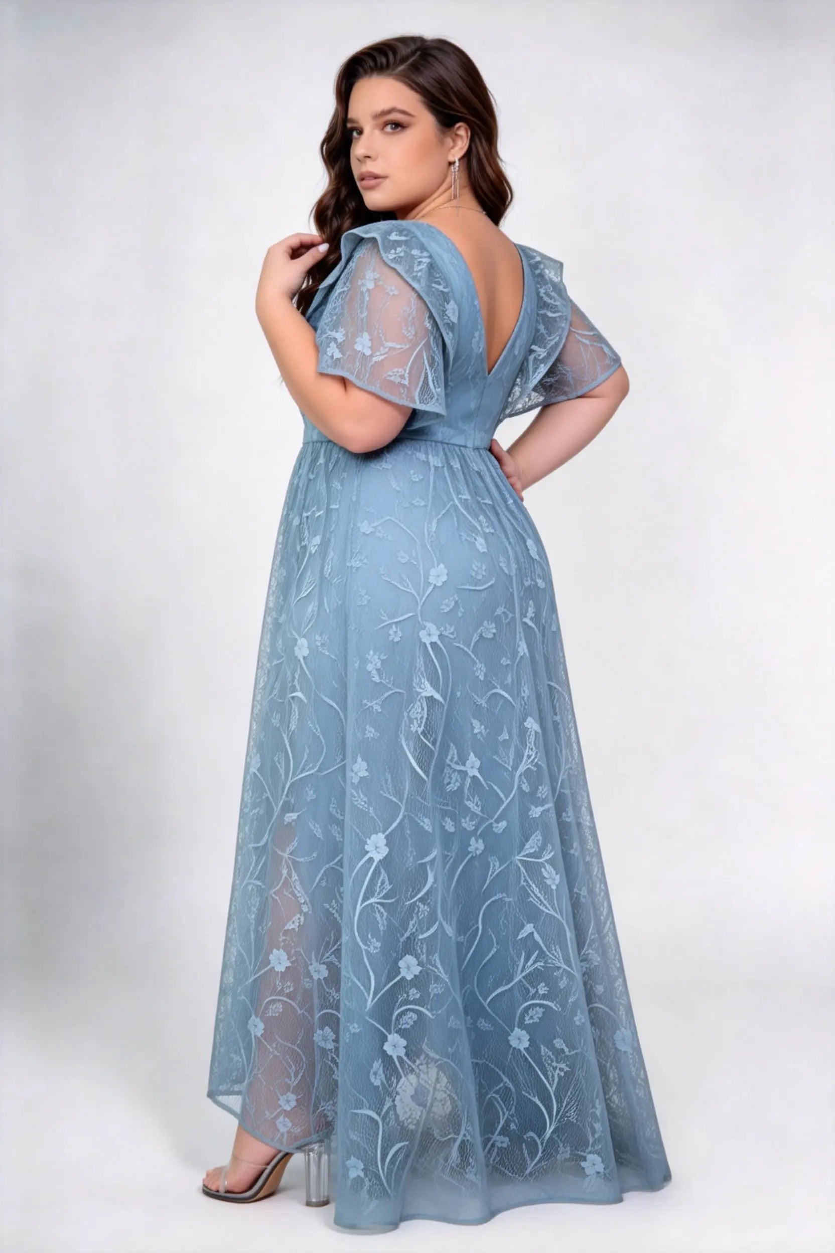Plus Size Round Neck Ruffle Short Sleeve Floral Lace High Waist A-line Floor Length Bridesmaid Maxi Dress